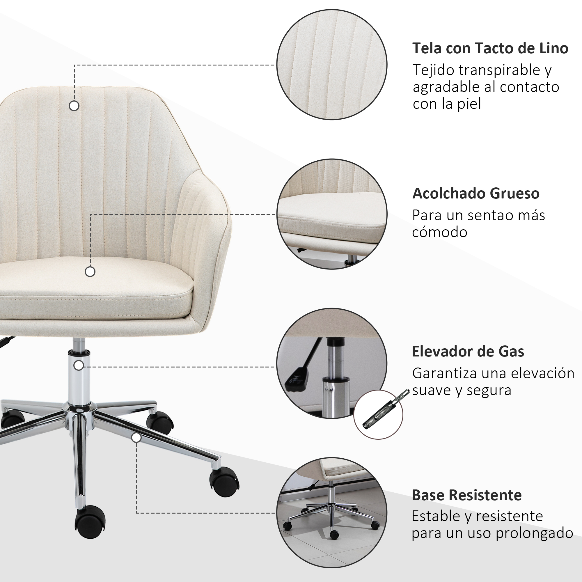 Una silla de oficina beige con elevador de gas, asiento acolchado y ruedas.