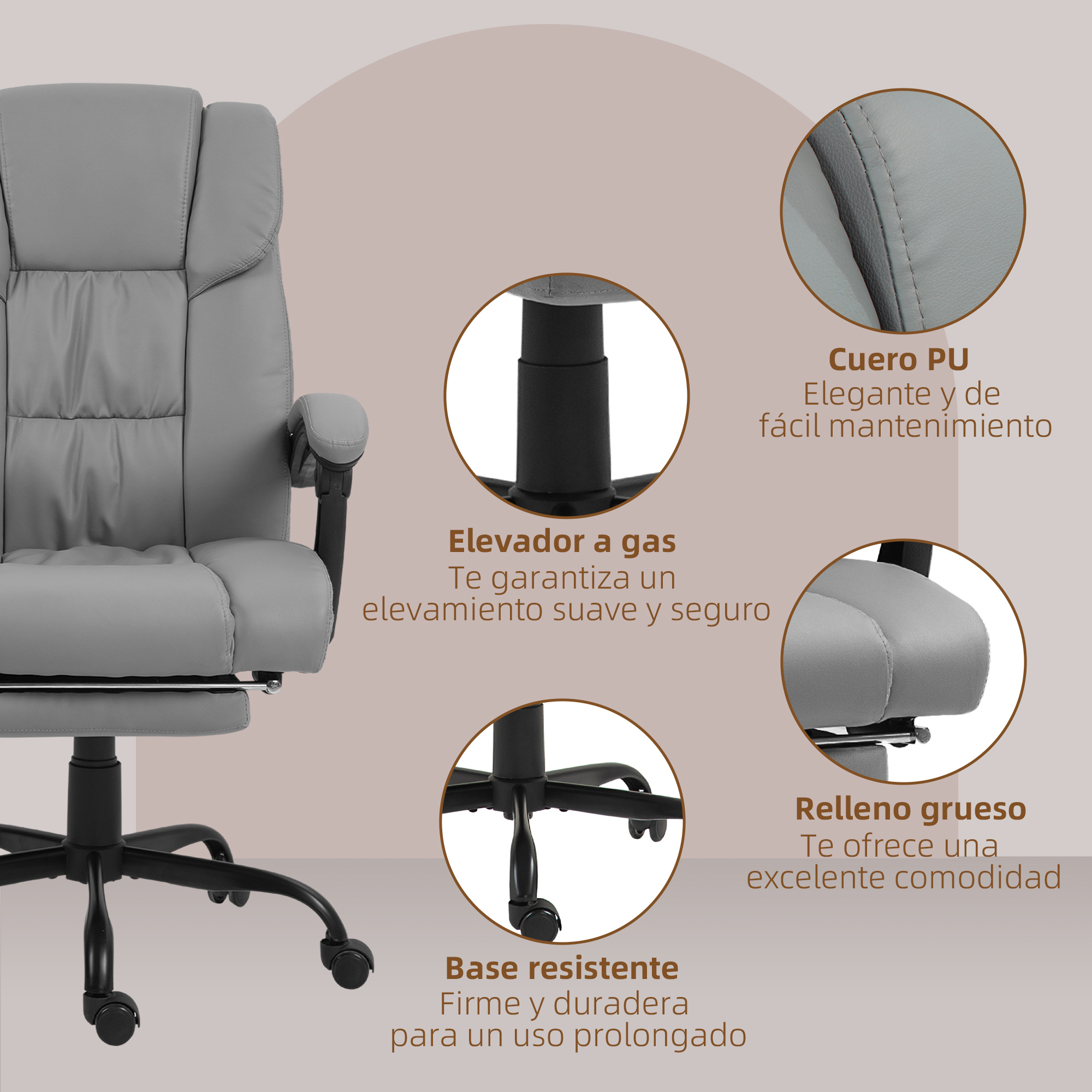 Silla de oficina gris con elevador de gas, cuero PU y asiento acolchado. Base robusta.