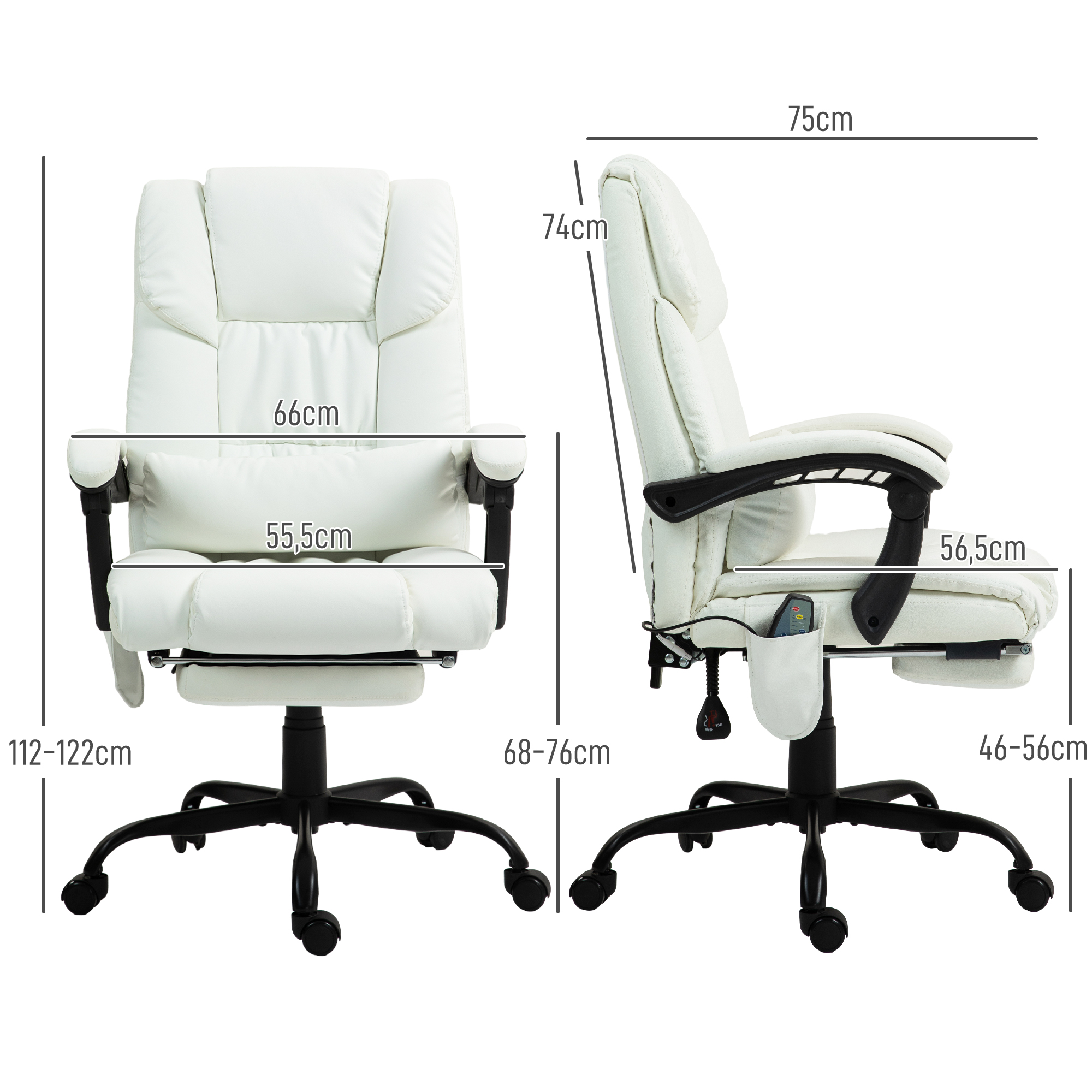 Vista frontal y lateral de silla de oficina blanca con medidas.