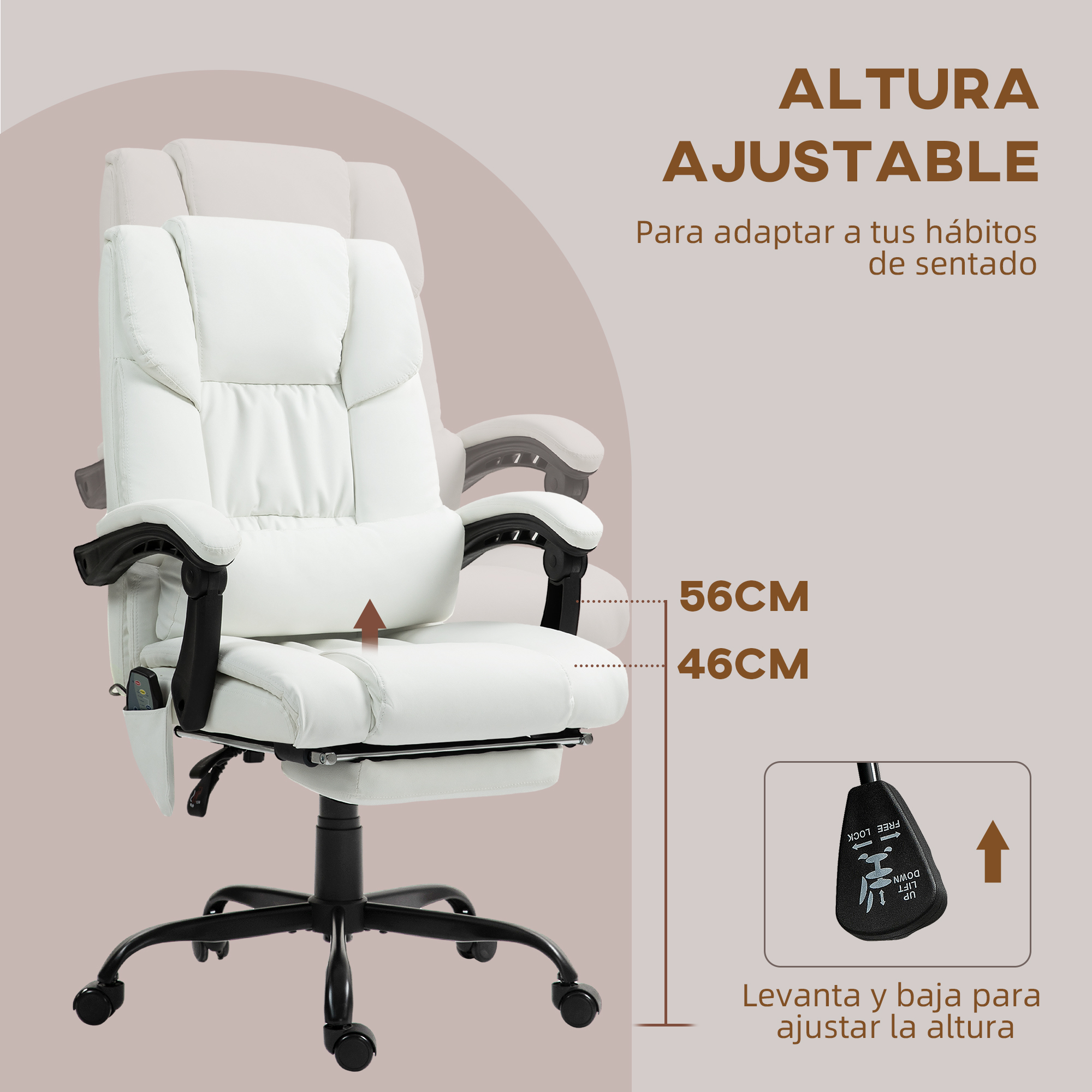 Silla de oficina blanca con altura y reposapiés ajustables, rango 46-56cm.