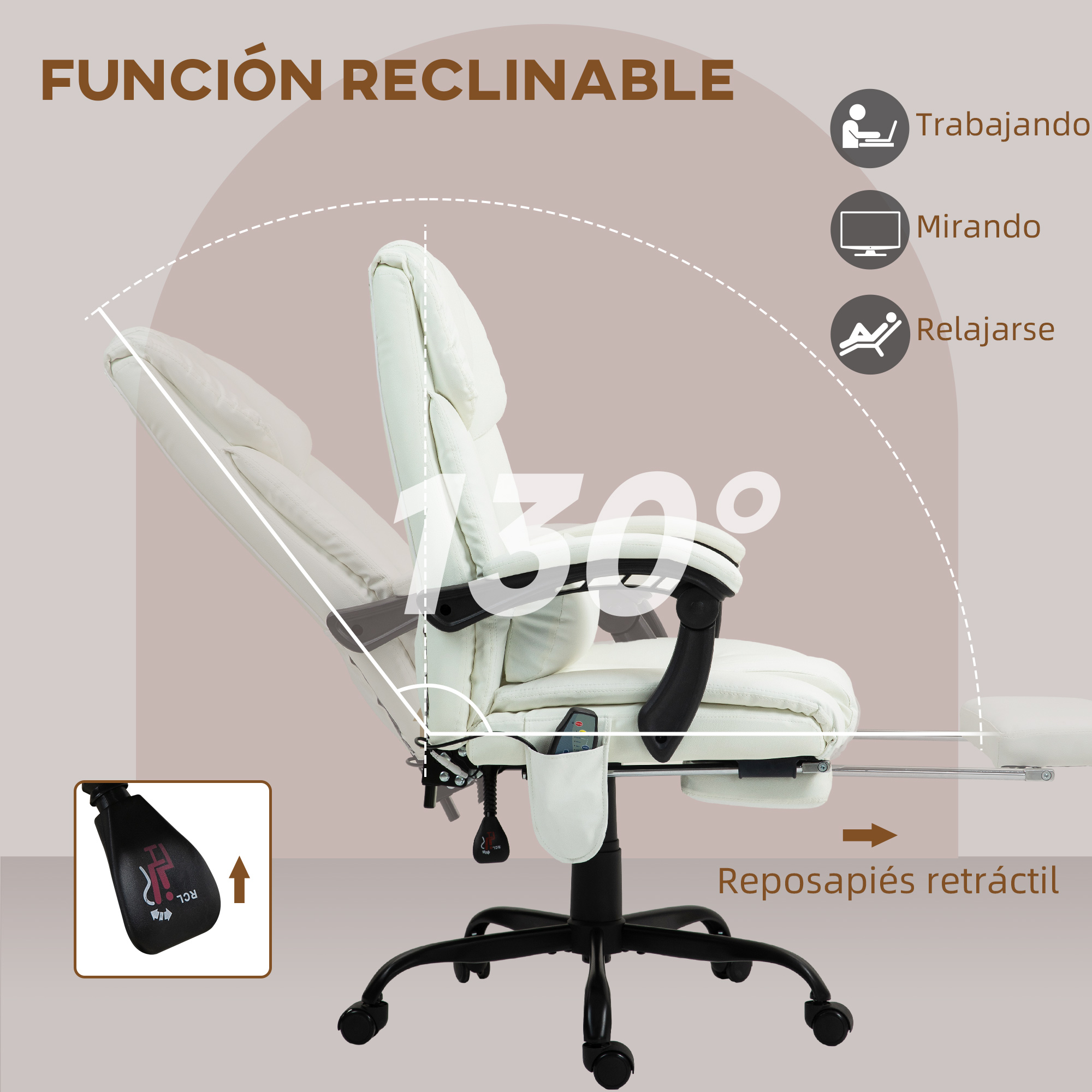 Una silla de oficina blanca con reposapiés retráctil y función reclinable.