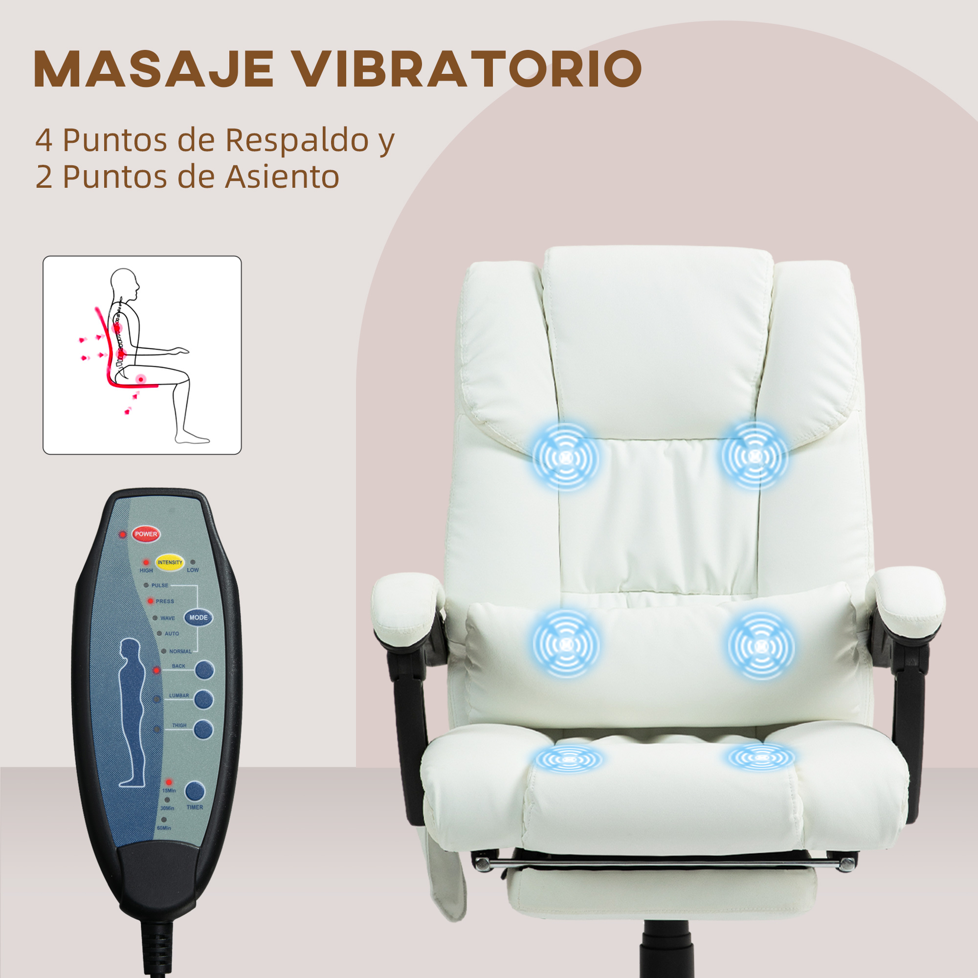 Un sillón de masaje blanco con mando a distancia, mostrando vibraciones.