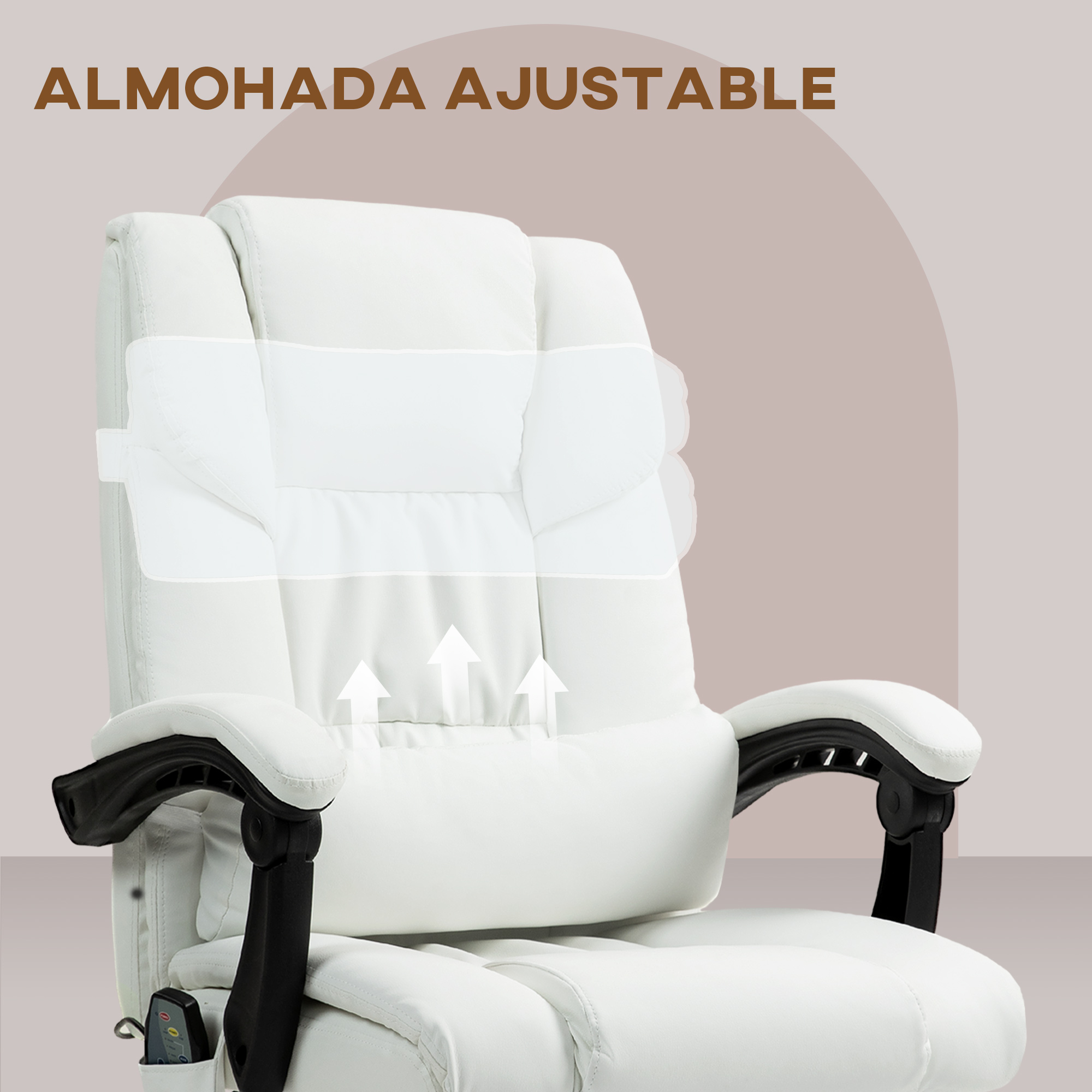 Una silla de oficina blanca con flechas blancas hacia arriba y el texto ALMOHADA AJUSTABLE.