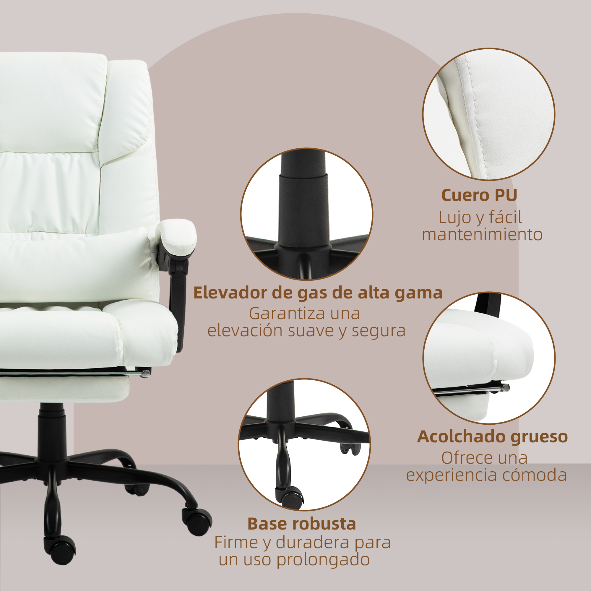 Silla de oficina blanca de cuero PU con elevador de gas, acolchada y base.