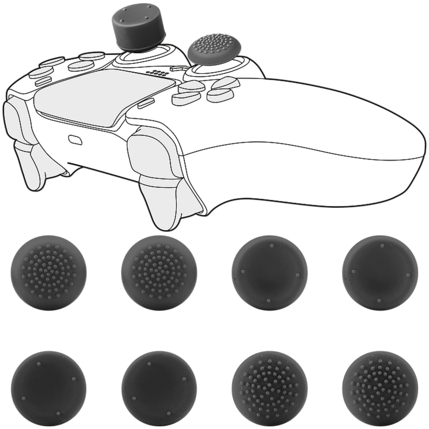 Ein Controller mit zwei Aufsätzen und acht Ersatz-Thumbstick-Kappen.