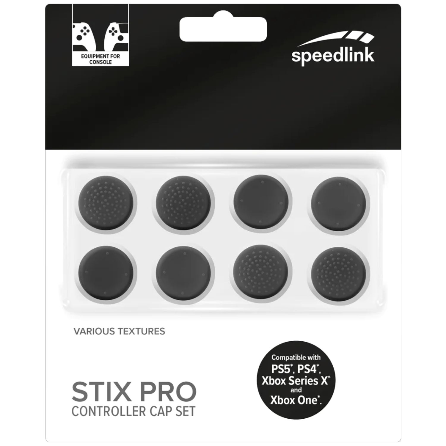 Verpackung mit 8 schwarzen Controller-Kappen, verschiedene Texturen.