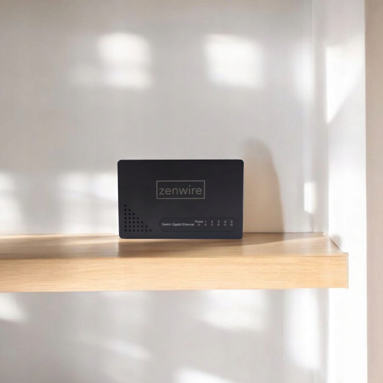 Czarny przełącznik Zenwire Gigabit Ethernet z pięcioma portami stoi na drewnianej półce.