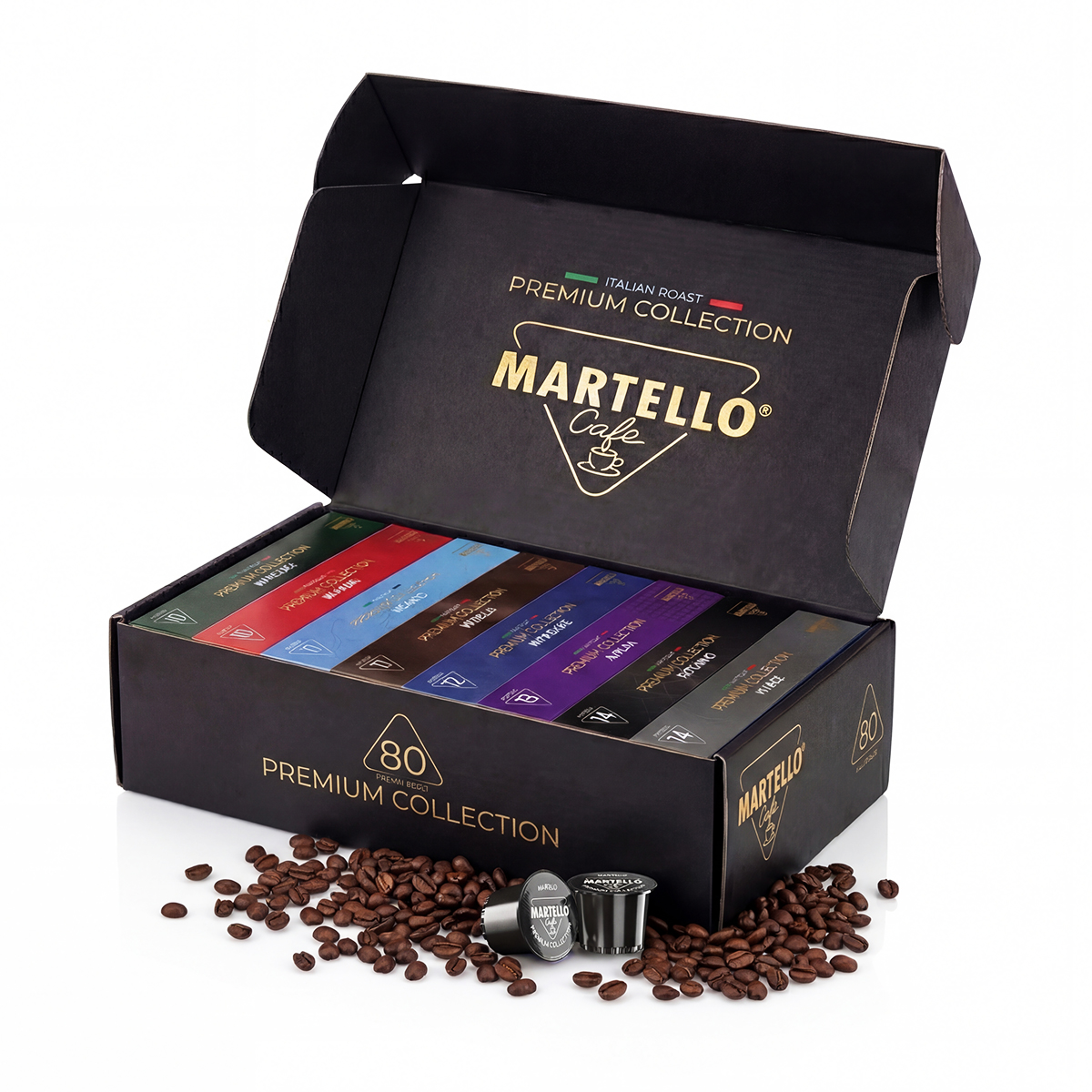 Eine offene schwarze Schachtel mit Martello Kaffee-Kapseln und Kaffeebohnen.