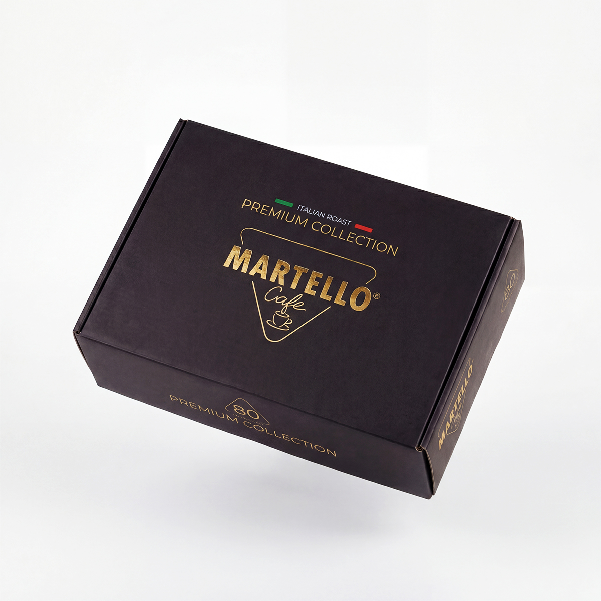 Eine schwarze Martello Cafe Premium Collection Box mit goldener Schrift.
