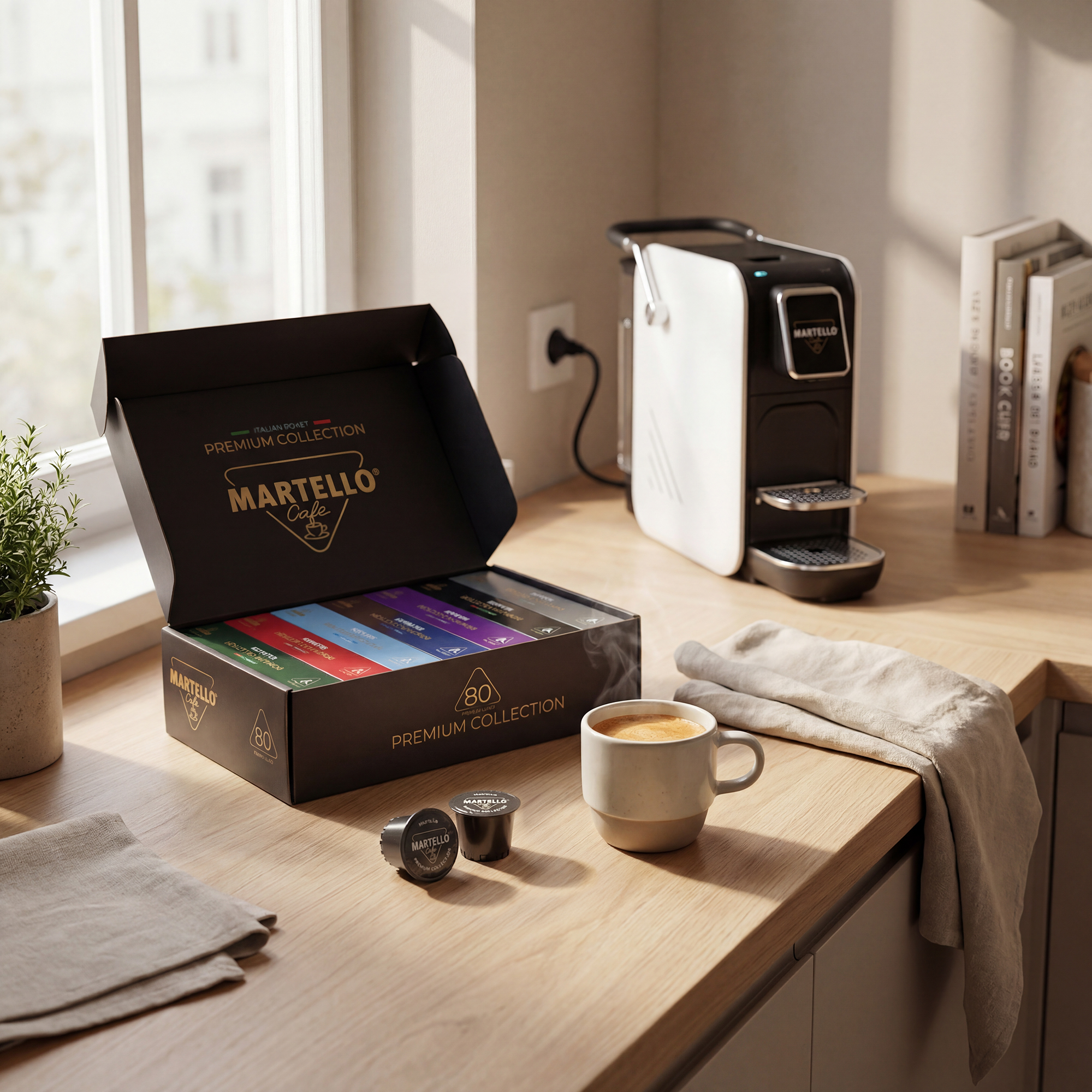 Martello Kaffeemaschine mit Kapseln, Tasse Kaffee und einer offenen Box mit Kaffeekapseln.