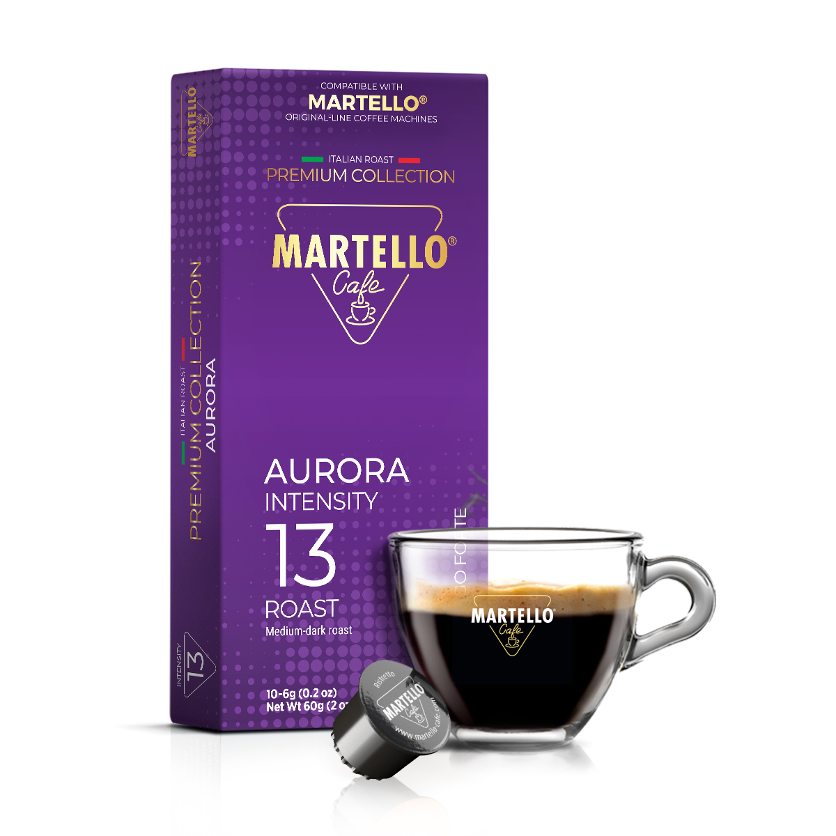 Martello Kaffee Kapselbox mit einer Tasse Espresso daneben.