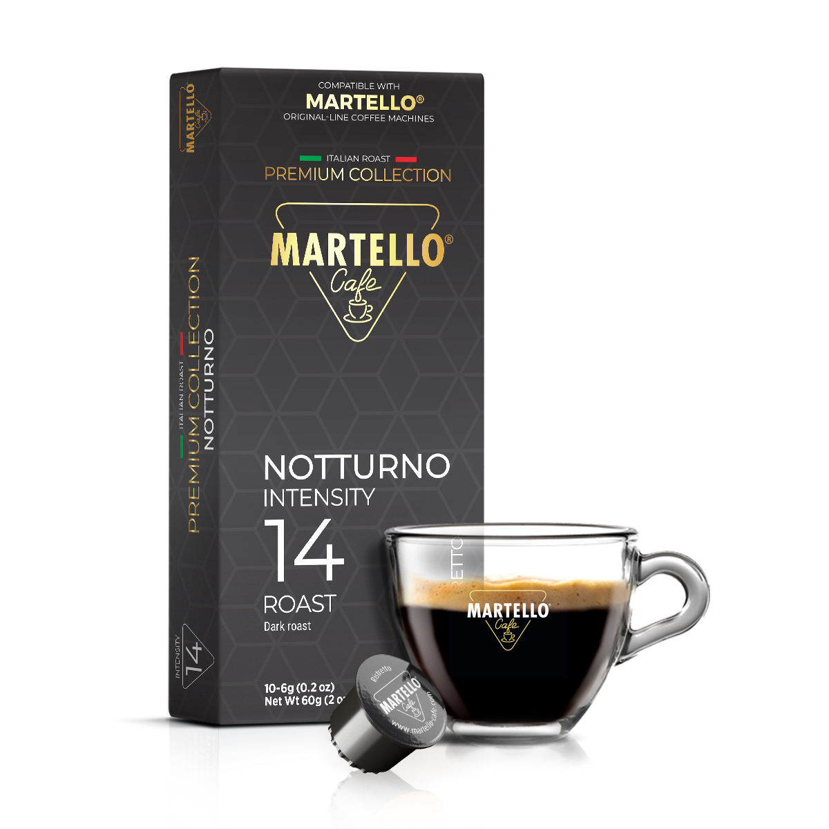 Martello Notturno Kaffee-Packung mit einer Tasse Espresso und Kapsel.