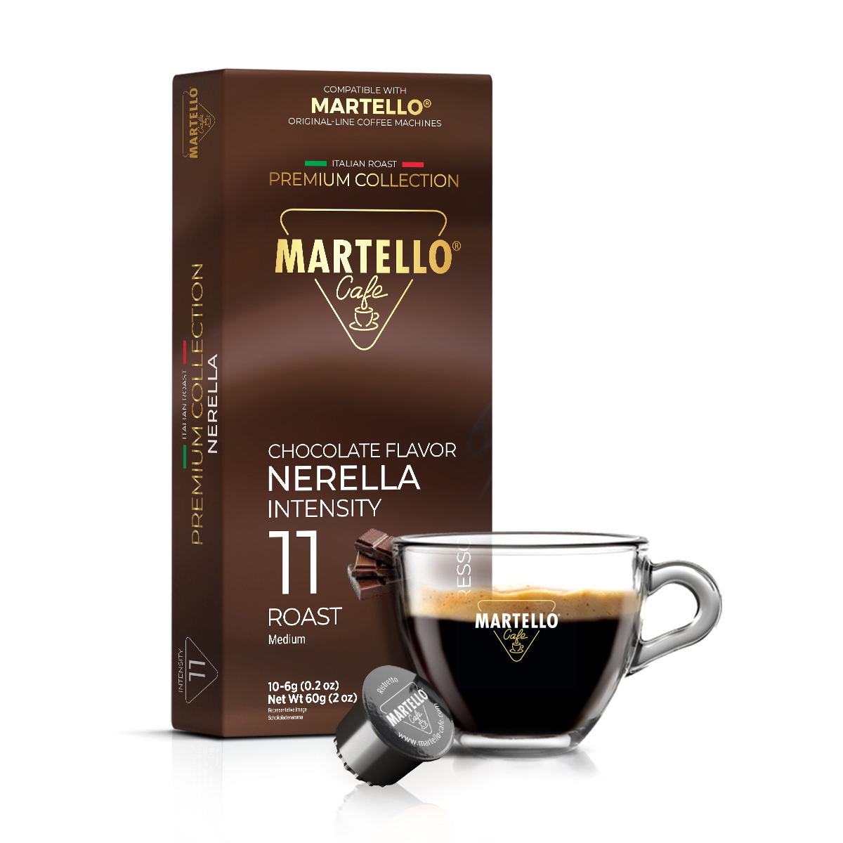Martello Cafe Nerella Kaffeekapsel mit Tasse und Schokoladenstücken.