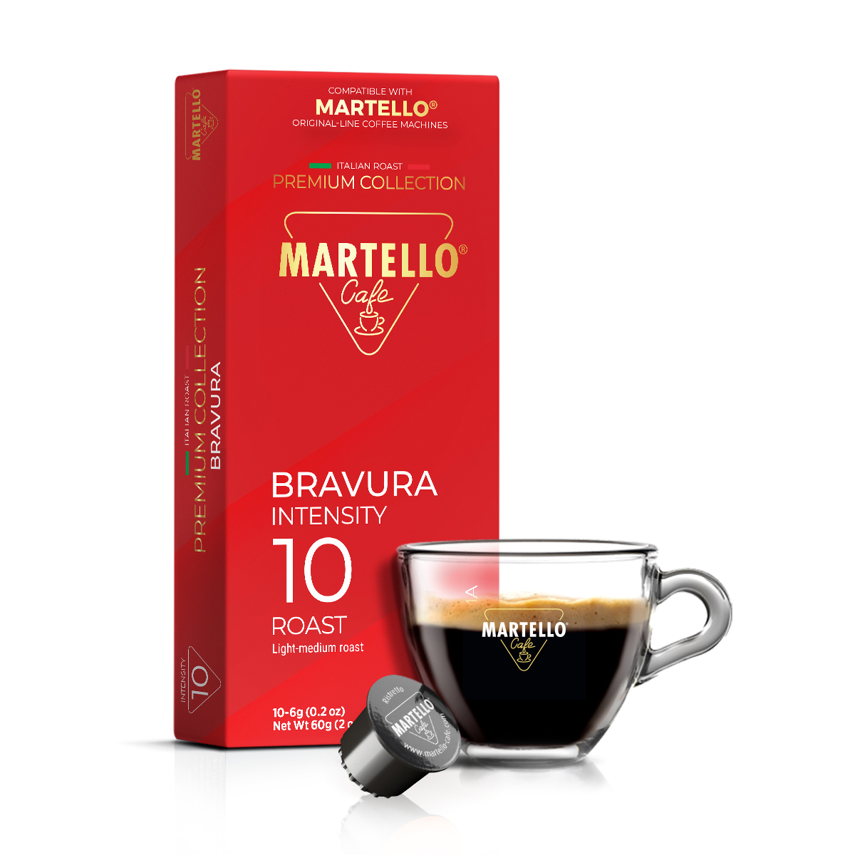 Martello Kaffee-Kapsel und Tasse mit Espresso. Rote Packung mit goldener Schrift.