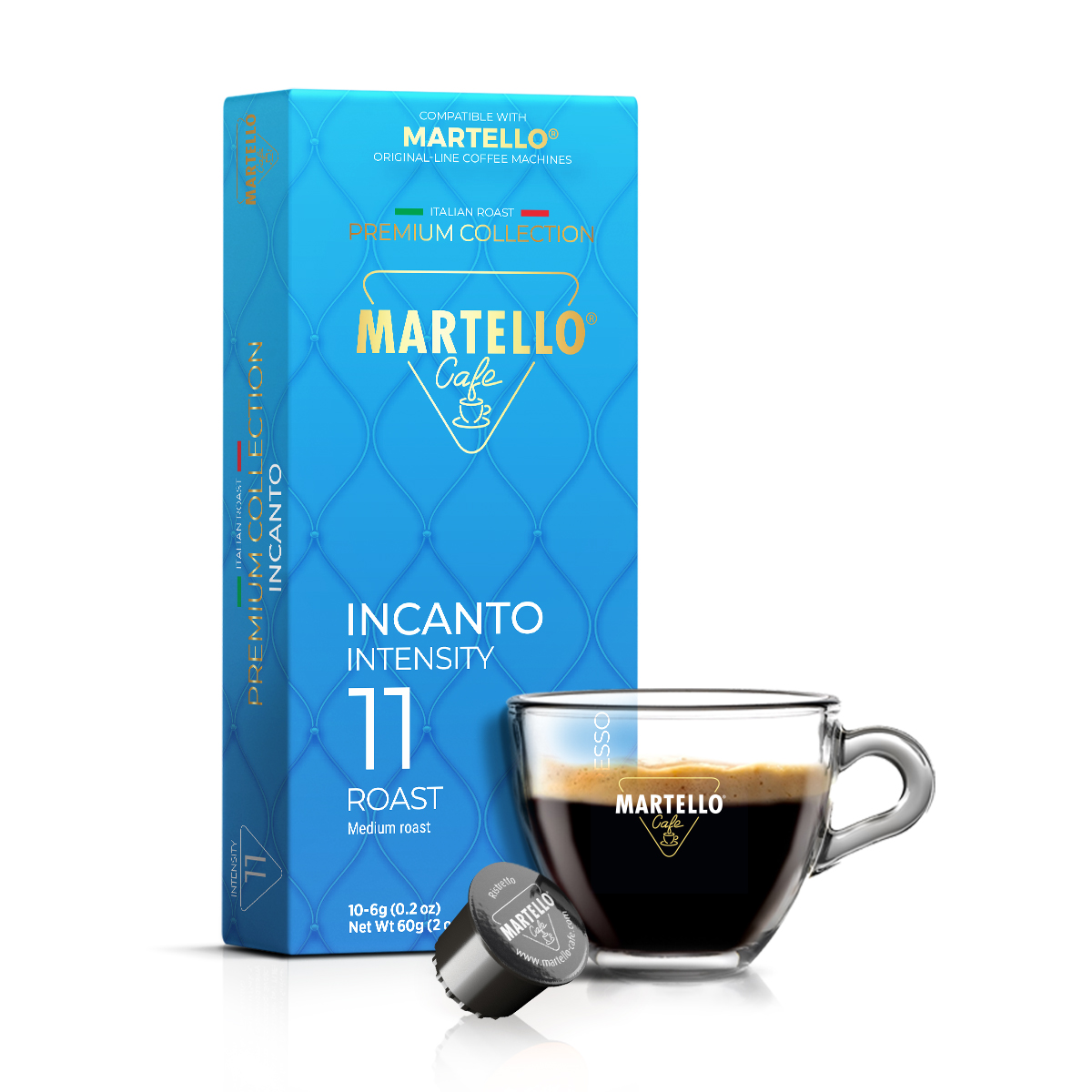 Martello Incanto Kaffee-Kapselbox neben einer Tasse Espresso. Intensität 11.