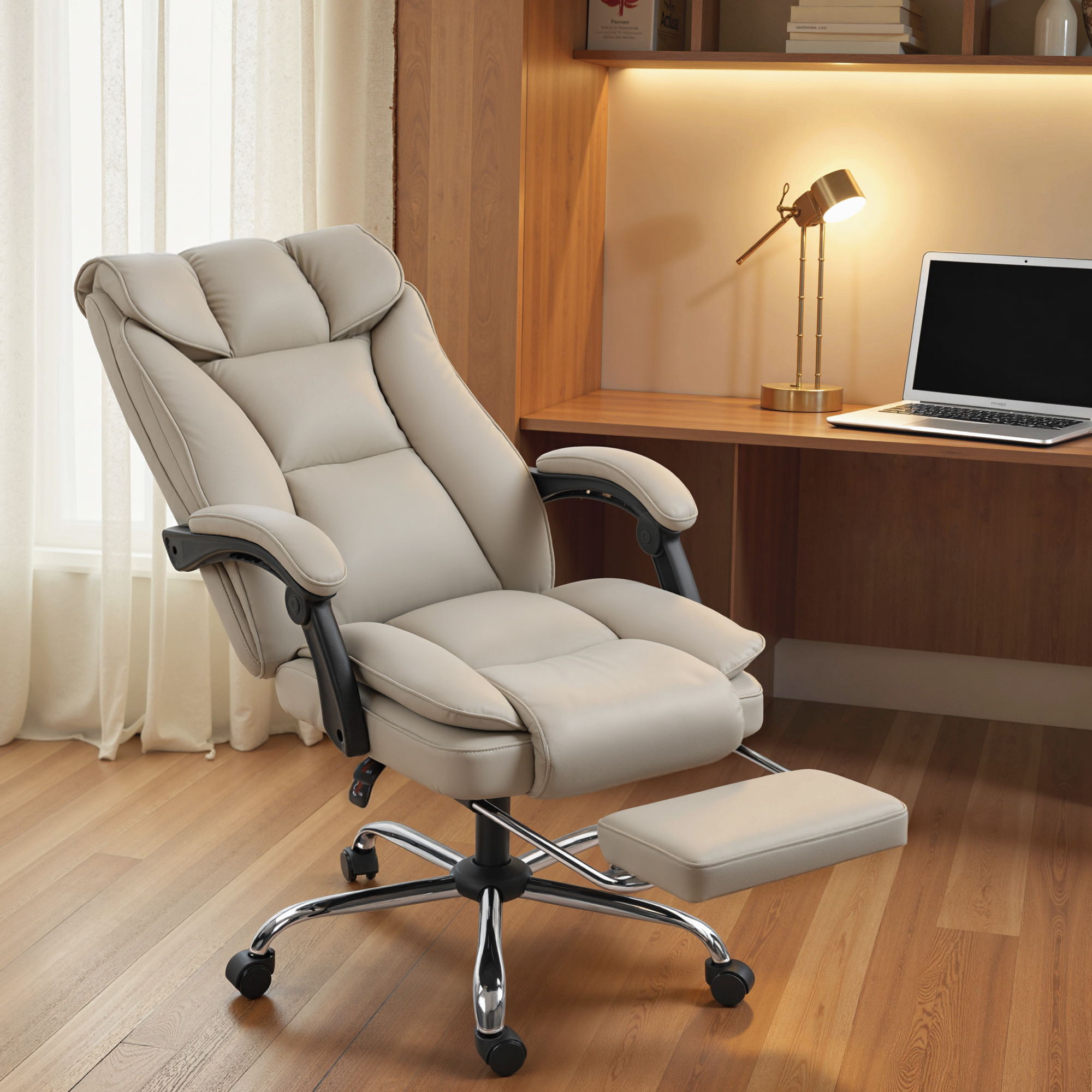 Silla de oficina beige con reposapiés extraíble sobre suelo de madera.