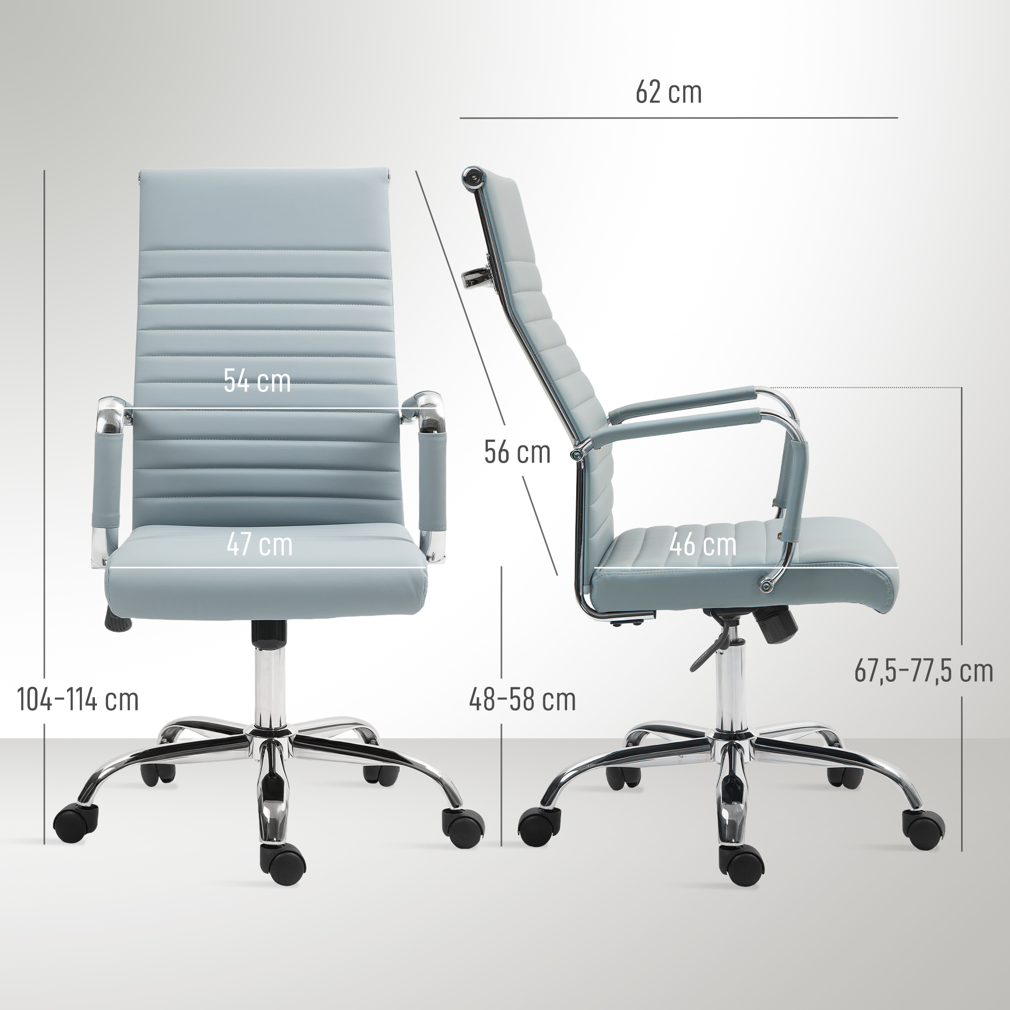 Silla de oficina azul claro con detalles cromados y ruedas. Se muestran las medidas.