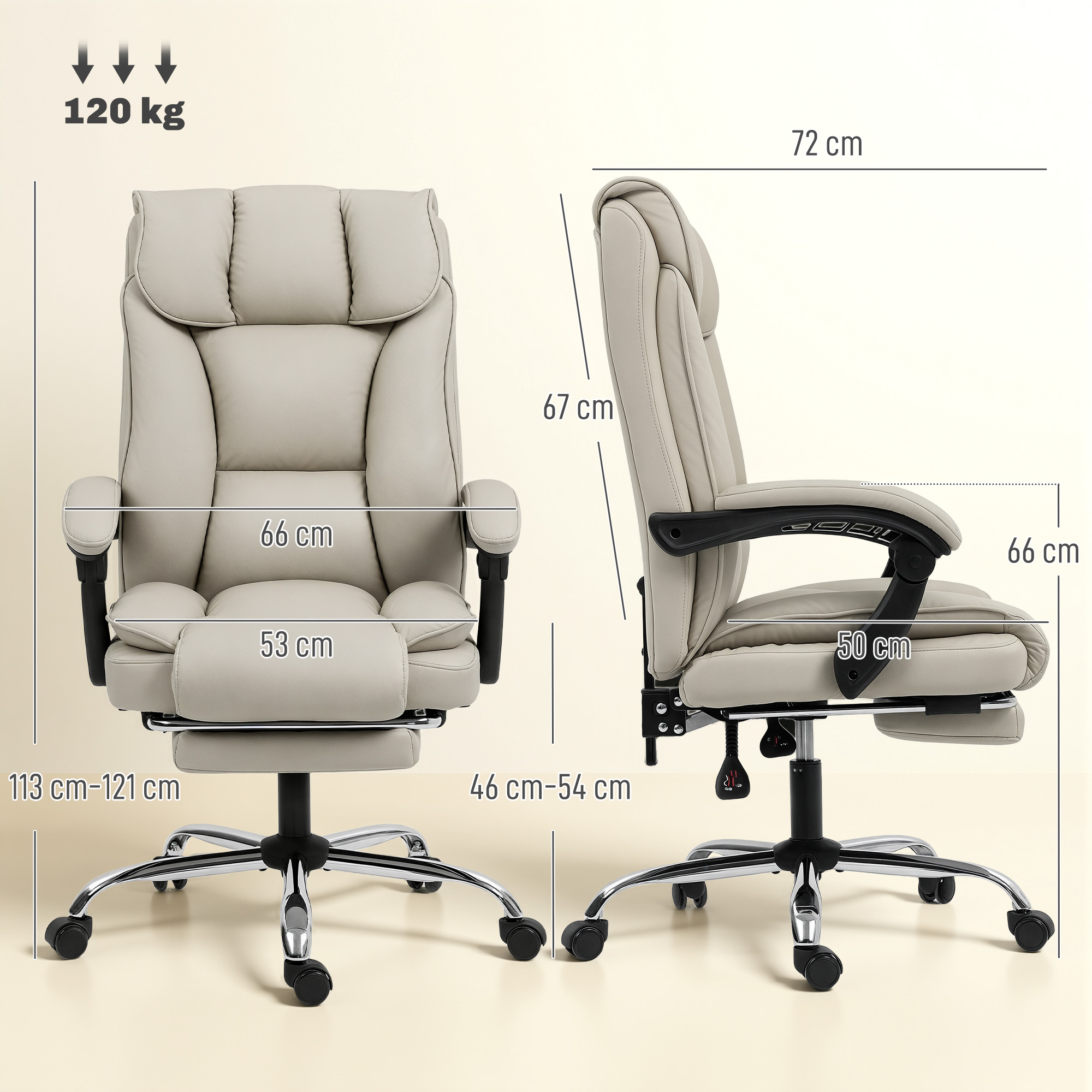 Silla de oficina gris claro con dimensiones y capacidad de 120 kg.