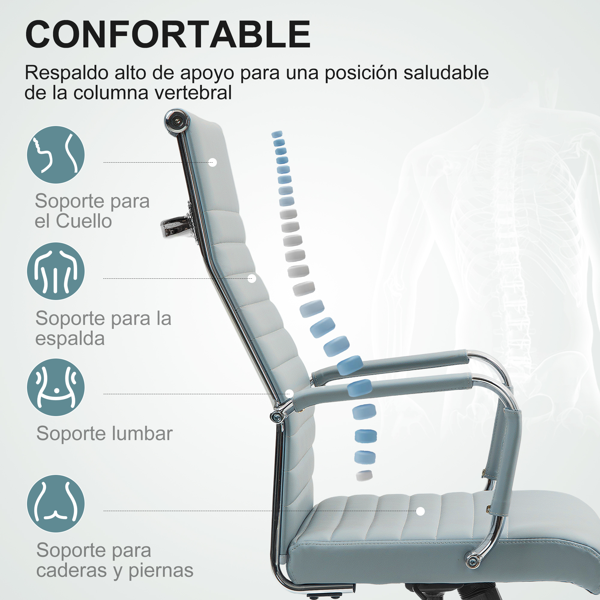 Silla de oficina con respaldo alto que apoya la columna vertebral. Iconos muestran soporte cervical, lumbar.