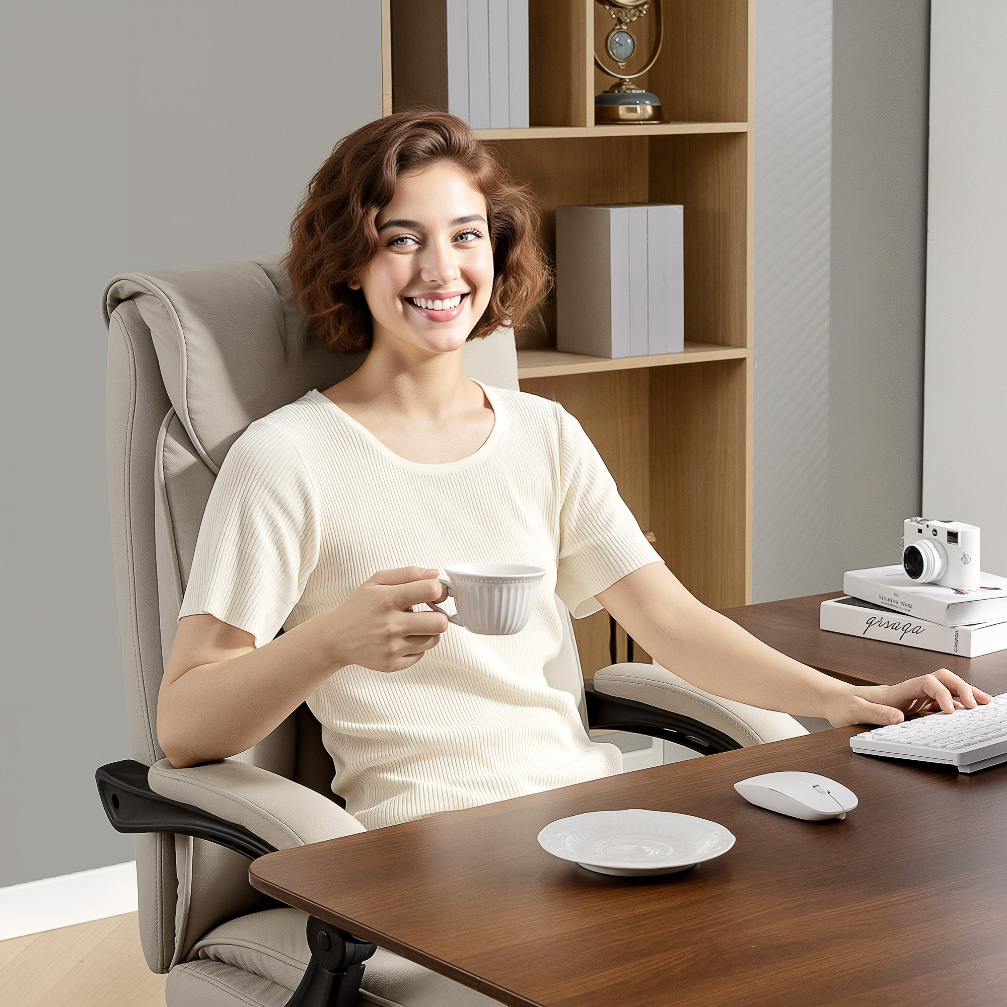 Una mujer sentada en un escritorio, sosteniendo una taza y usando un teclado.