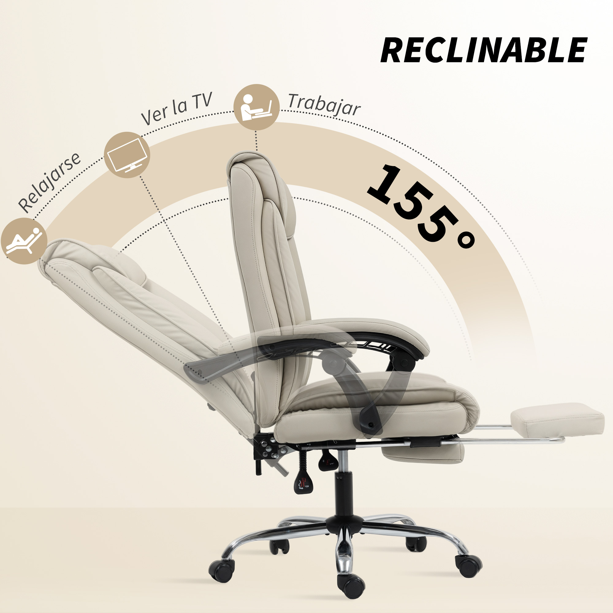 Silla de oficina beige reclinable 155°, con reposapiés extendido.