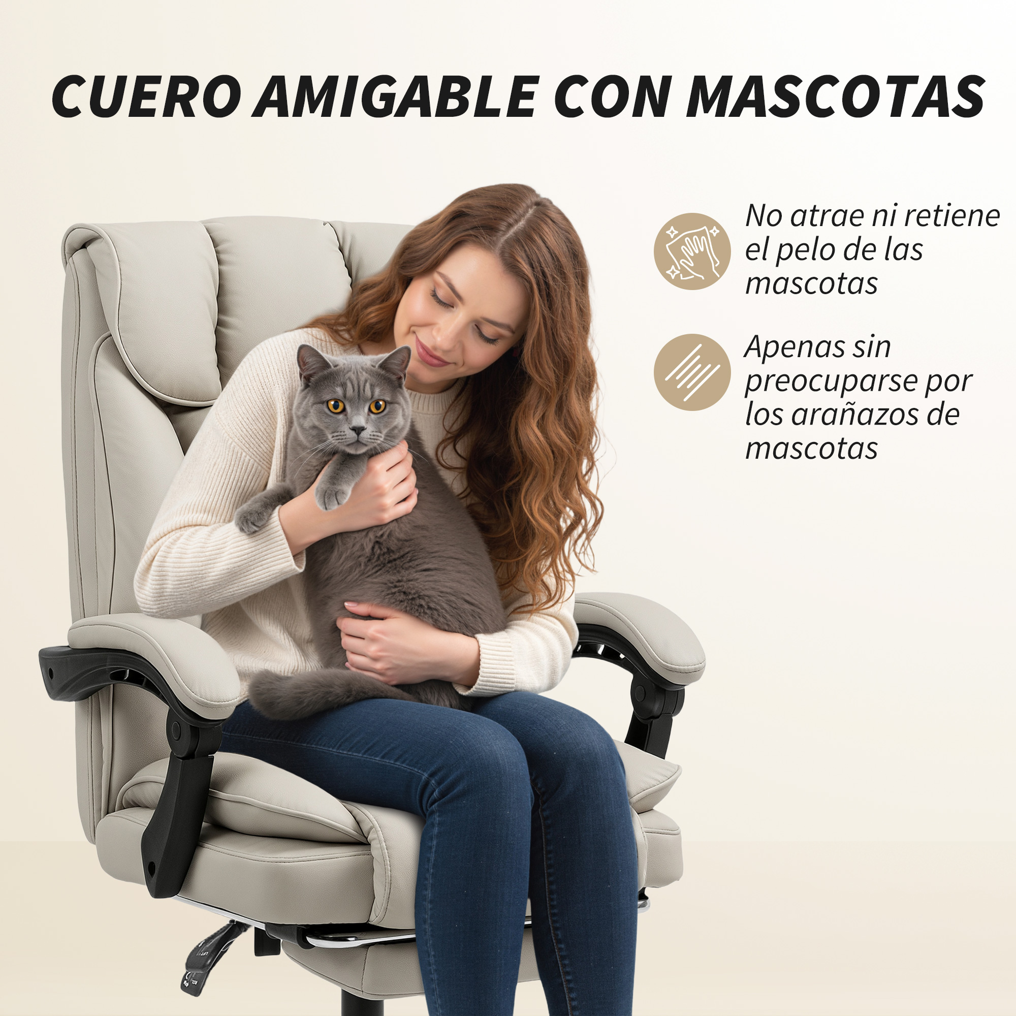 Una mujer sostiene un gato en una silla de oficina gris claro. Cuero apto para mascotas.