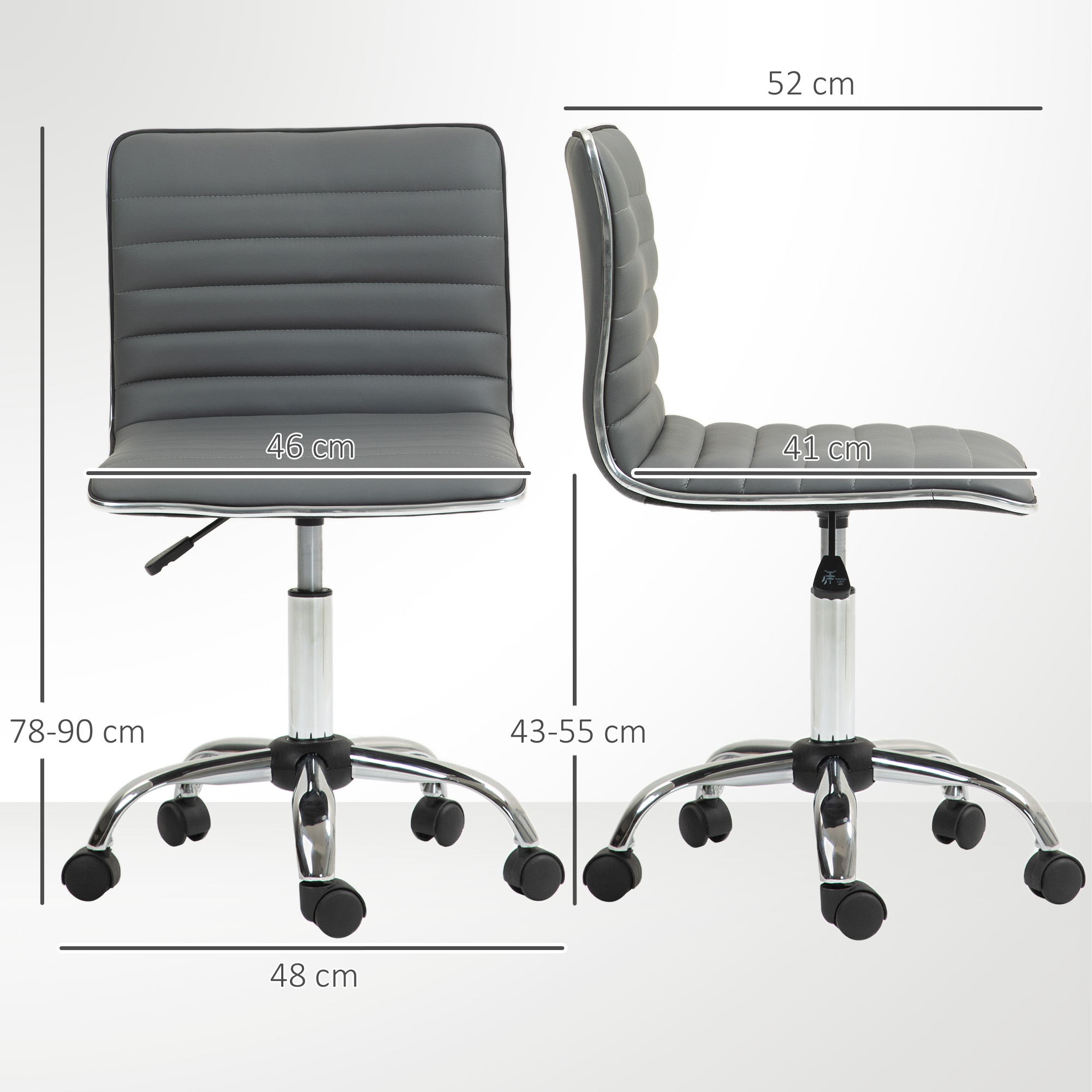 Silla de oficina gris con ruedas, dimensiones: alto 78-90 cm, ancho 46 cm, fondo 41 cm.