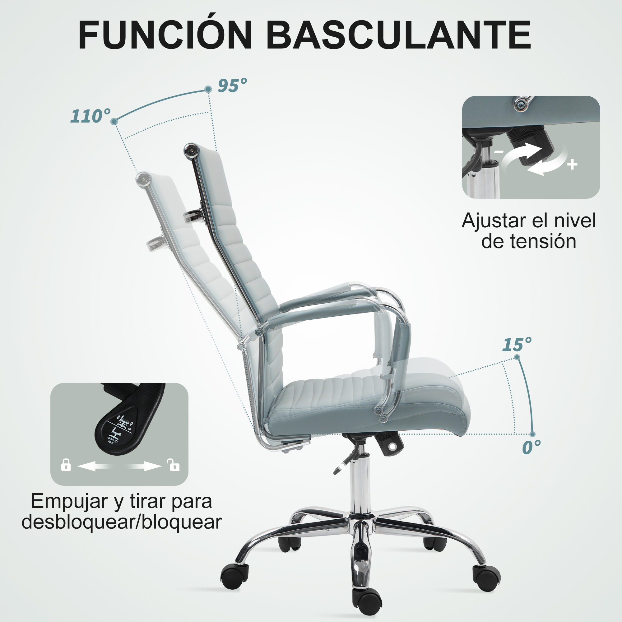 Una silla de oficina azul claro con función de inclinación, ángulos de 0 a 110 grados.