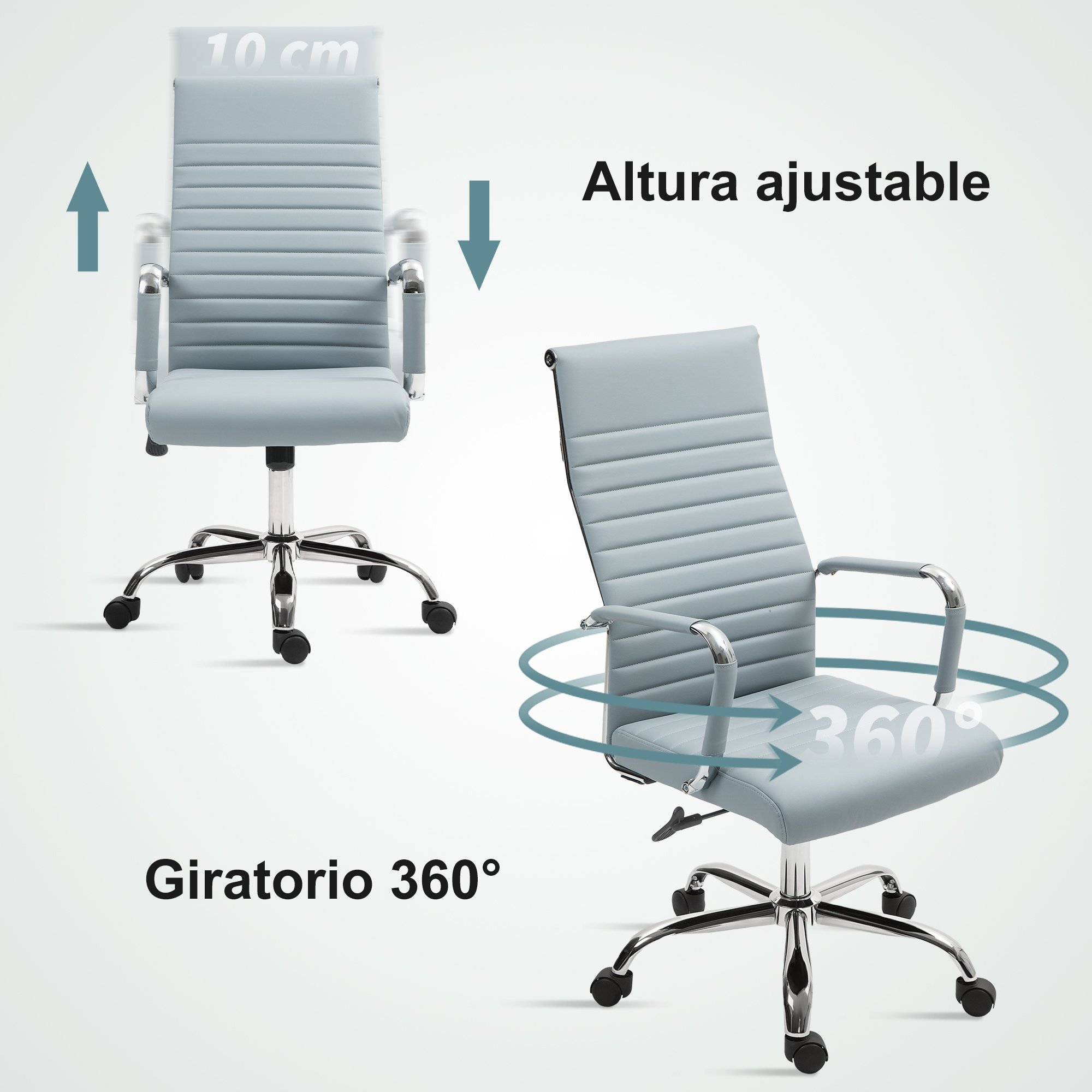 Una silla de oficina gris claro con altura ajustable y giro de 360 grados.