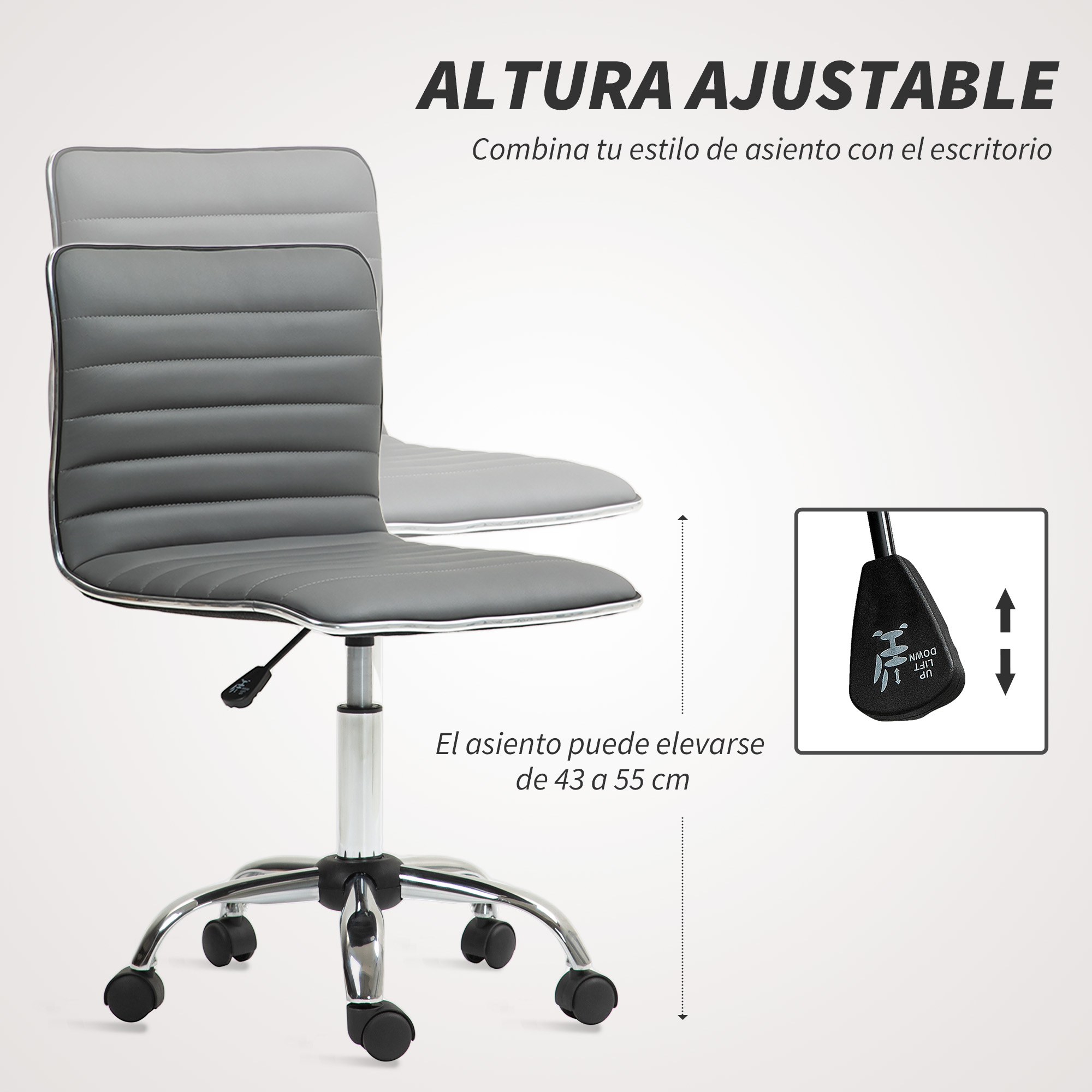 Silla de oficina gris con altura ajustable y ruedas. Se muestra palanca.