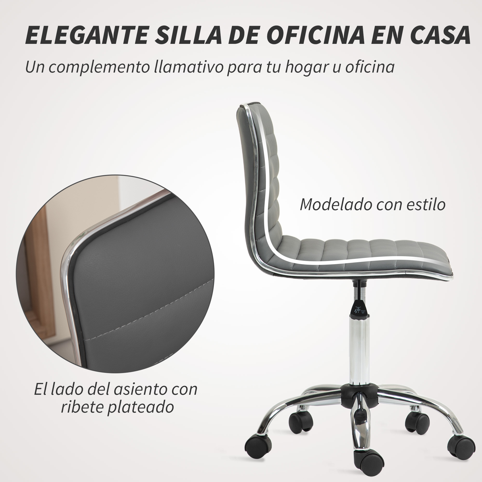 Silla de oficina gris con ribete cromado y ruedas. Primer plano del asiento.