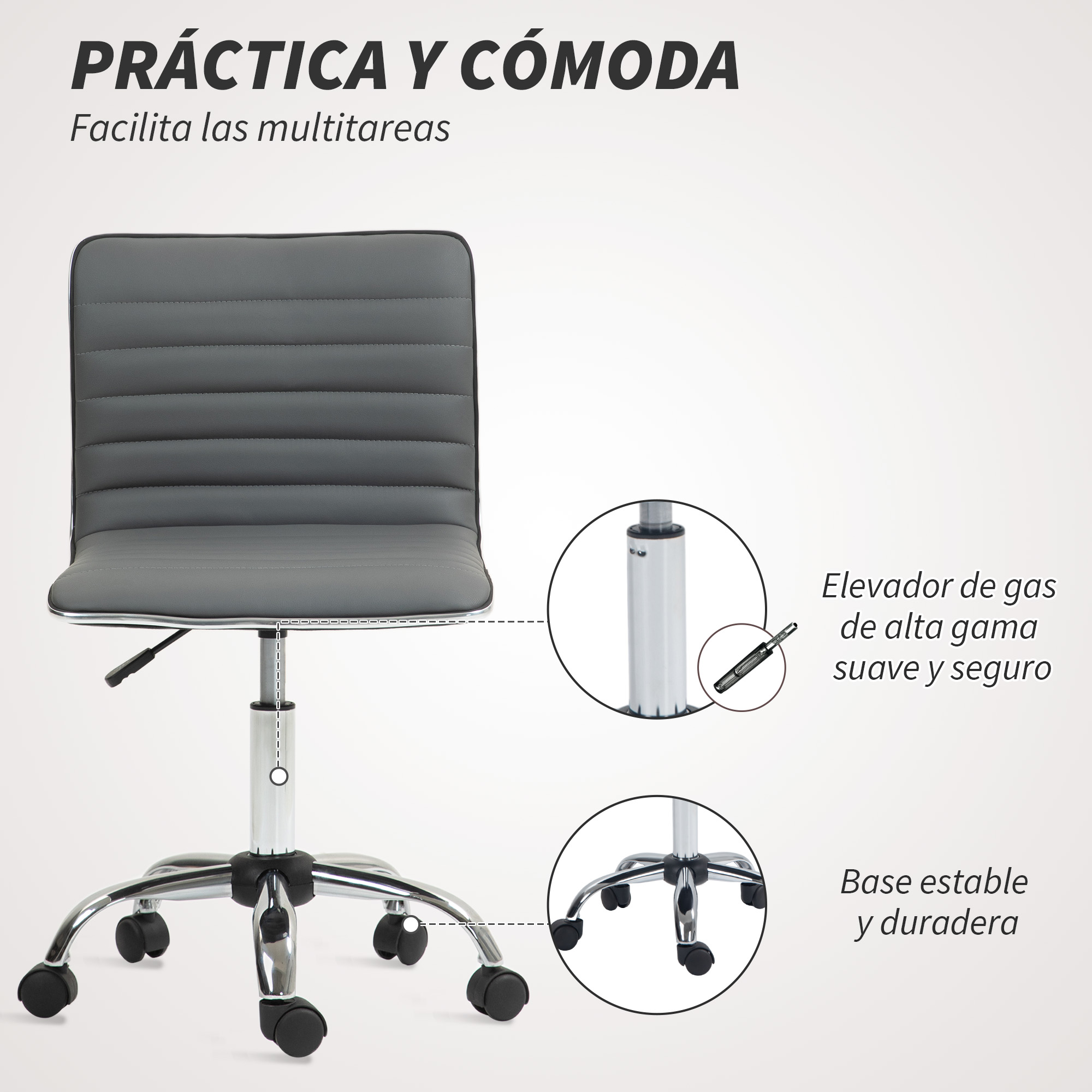 Silla de oficina gris con ruedas, elevador de gas y base.