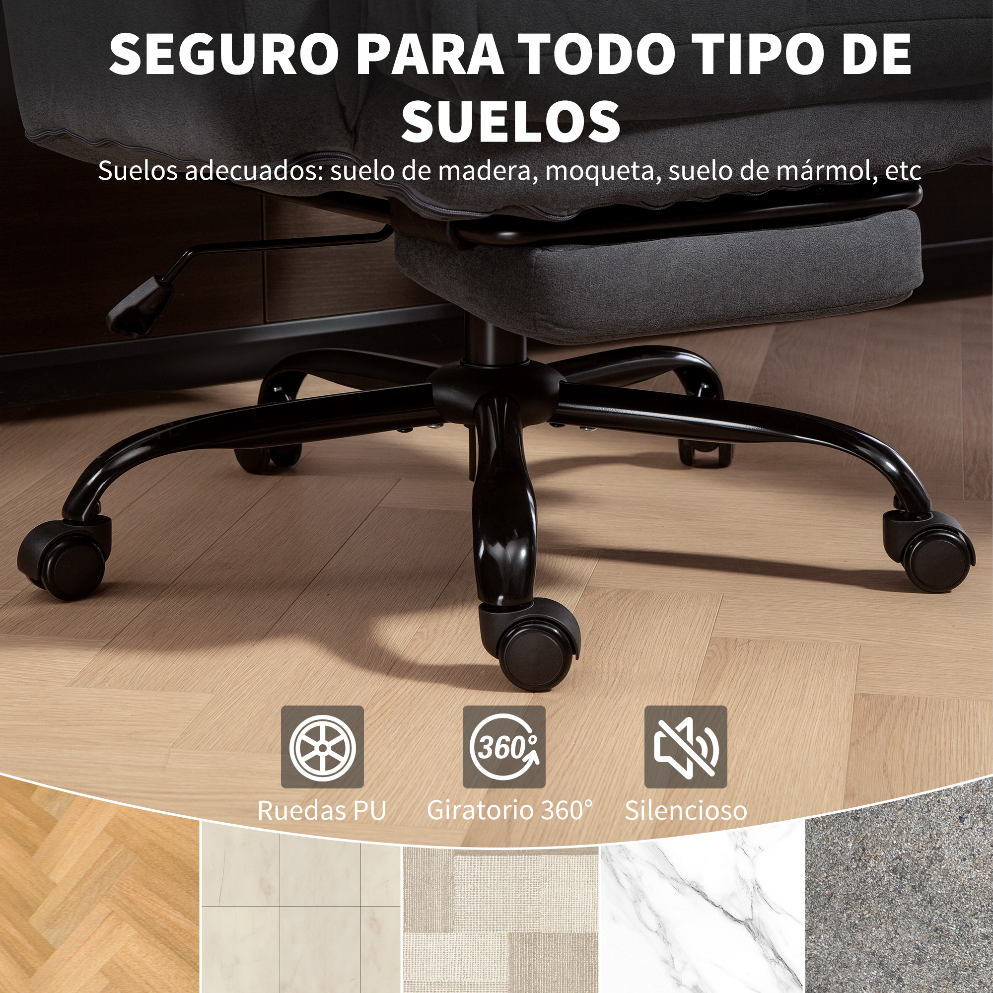 Silla de oficina con ruedas sobre suelo de madera, iconos de ruedas PU, rotación 360°.