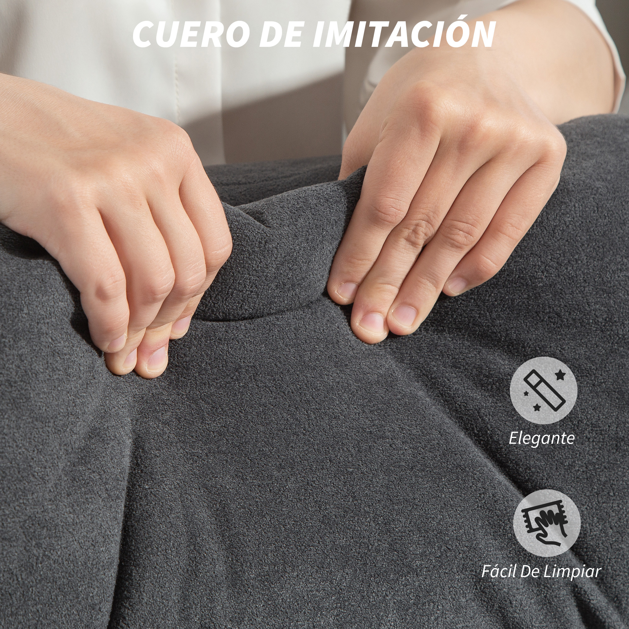 Tela gris pellizcada por manos. Texto: Cuero sintético.