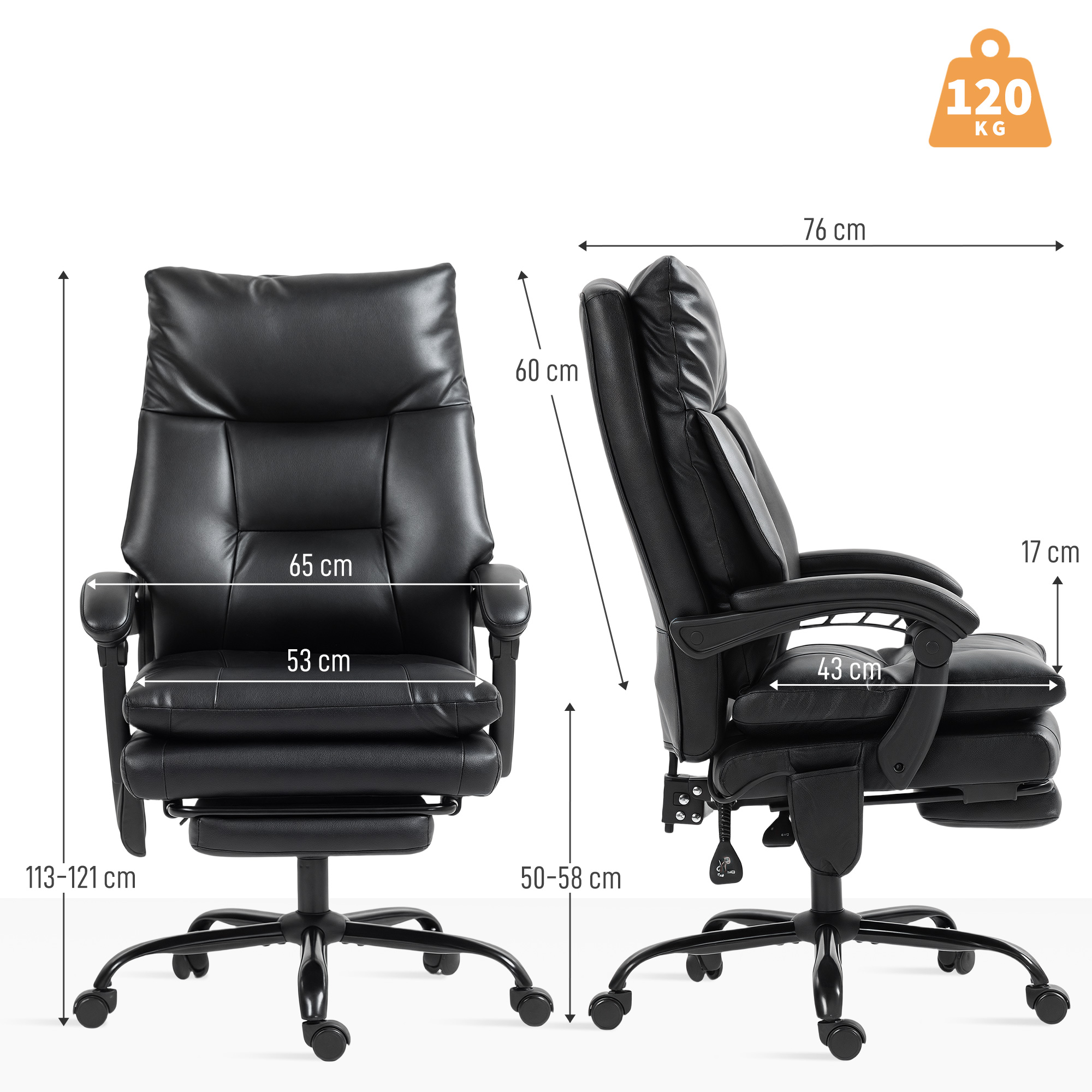 Silla de oficina negra con dimensiones: 76cm ancho, 113-121cm alto, respaldo 60cm.