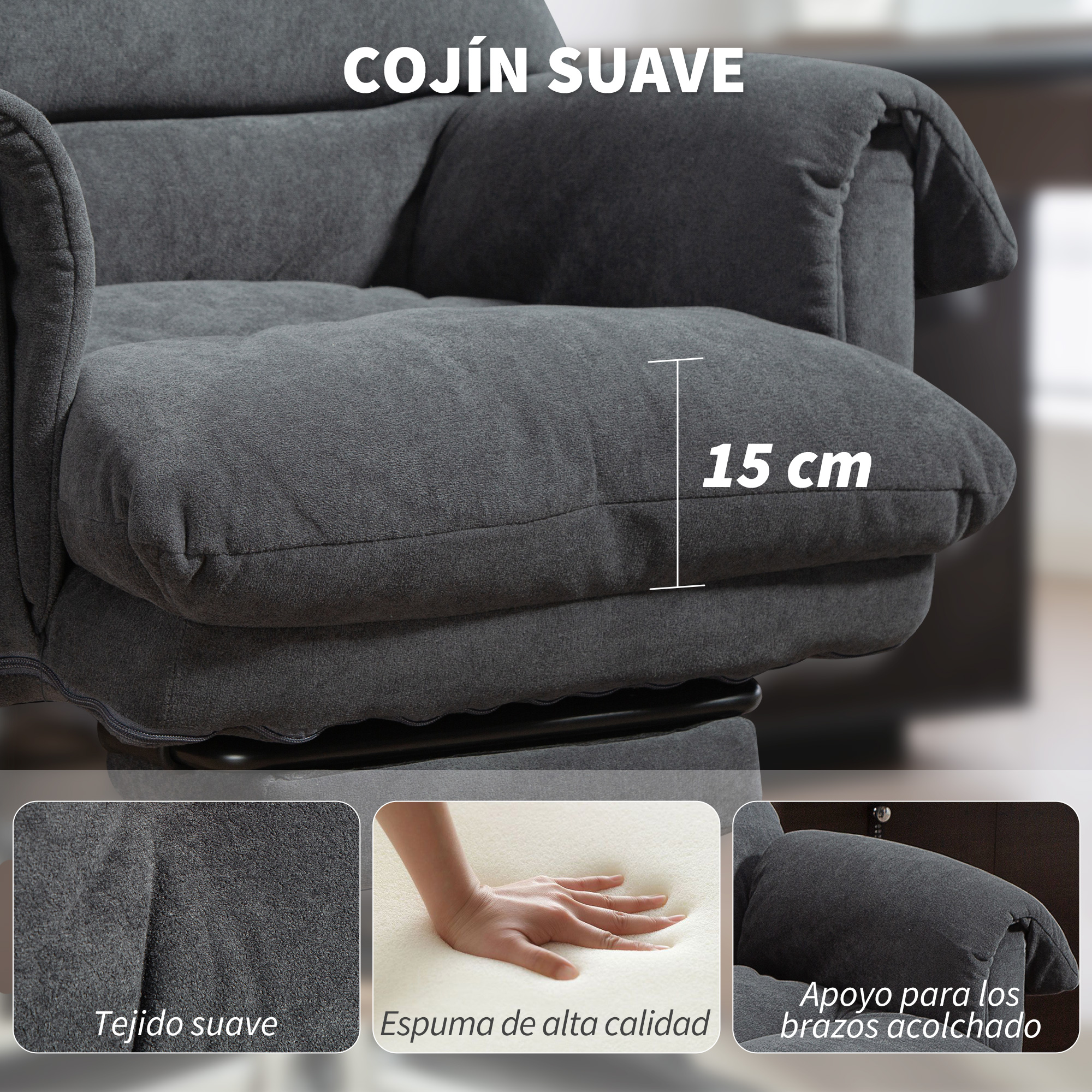 Sillón gris con tela suave, cojín de 15 cm, espuma.