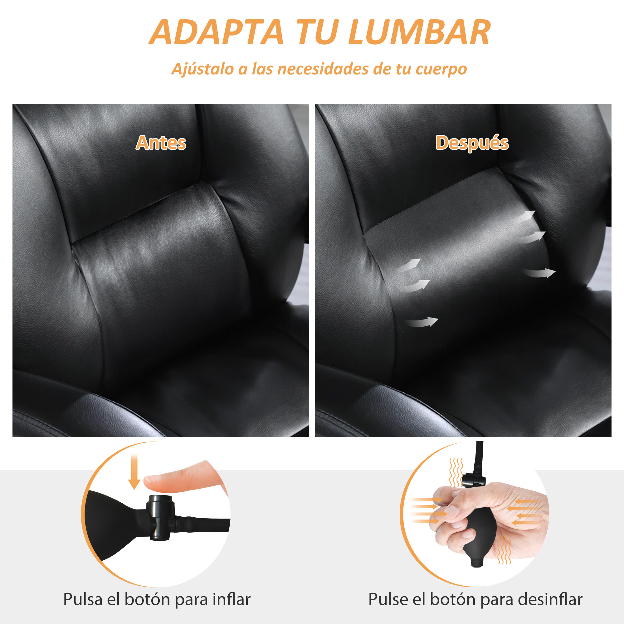 Antes y después de soporte lumbar de silla negra, mostrando inflado y desinflado.