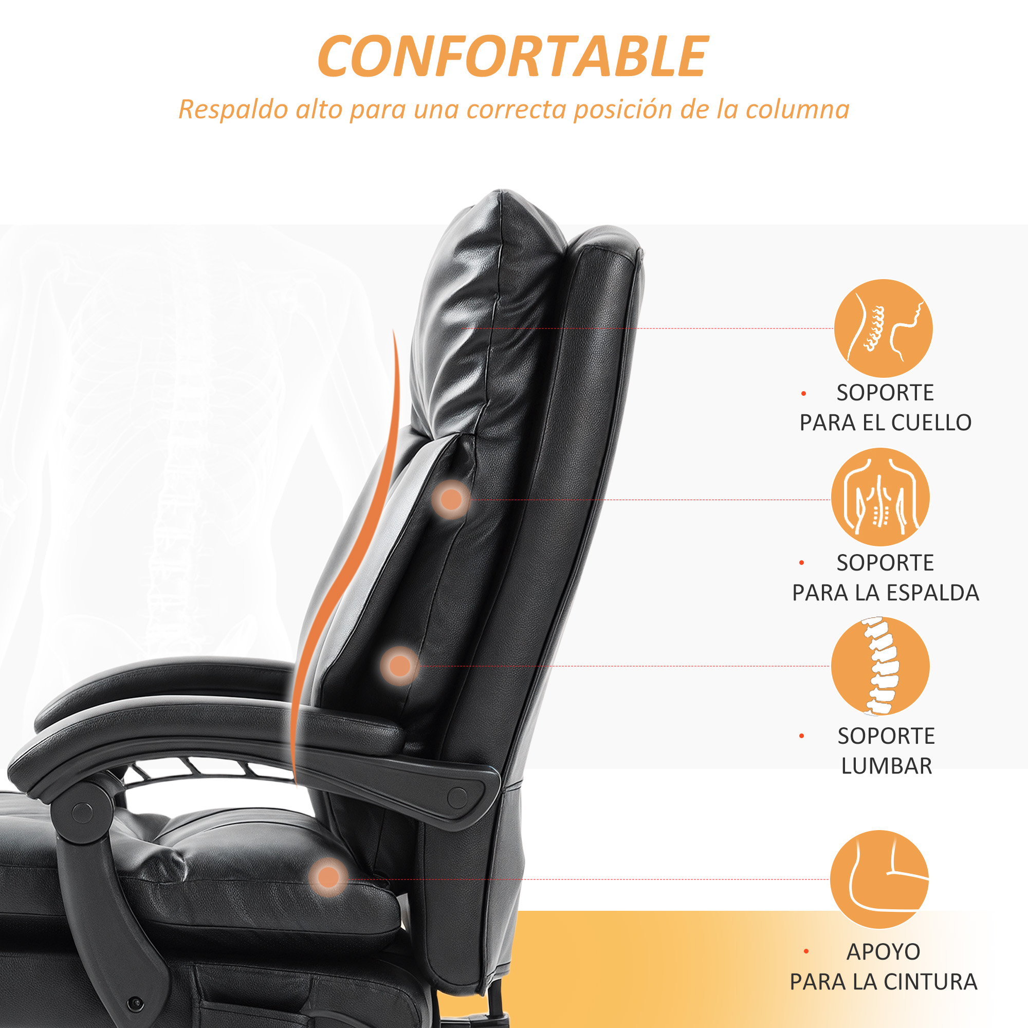 Silla de oficina negra con soporte ergonómico para cuello, espalda y lumbares.