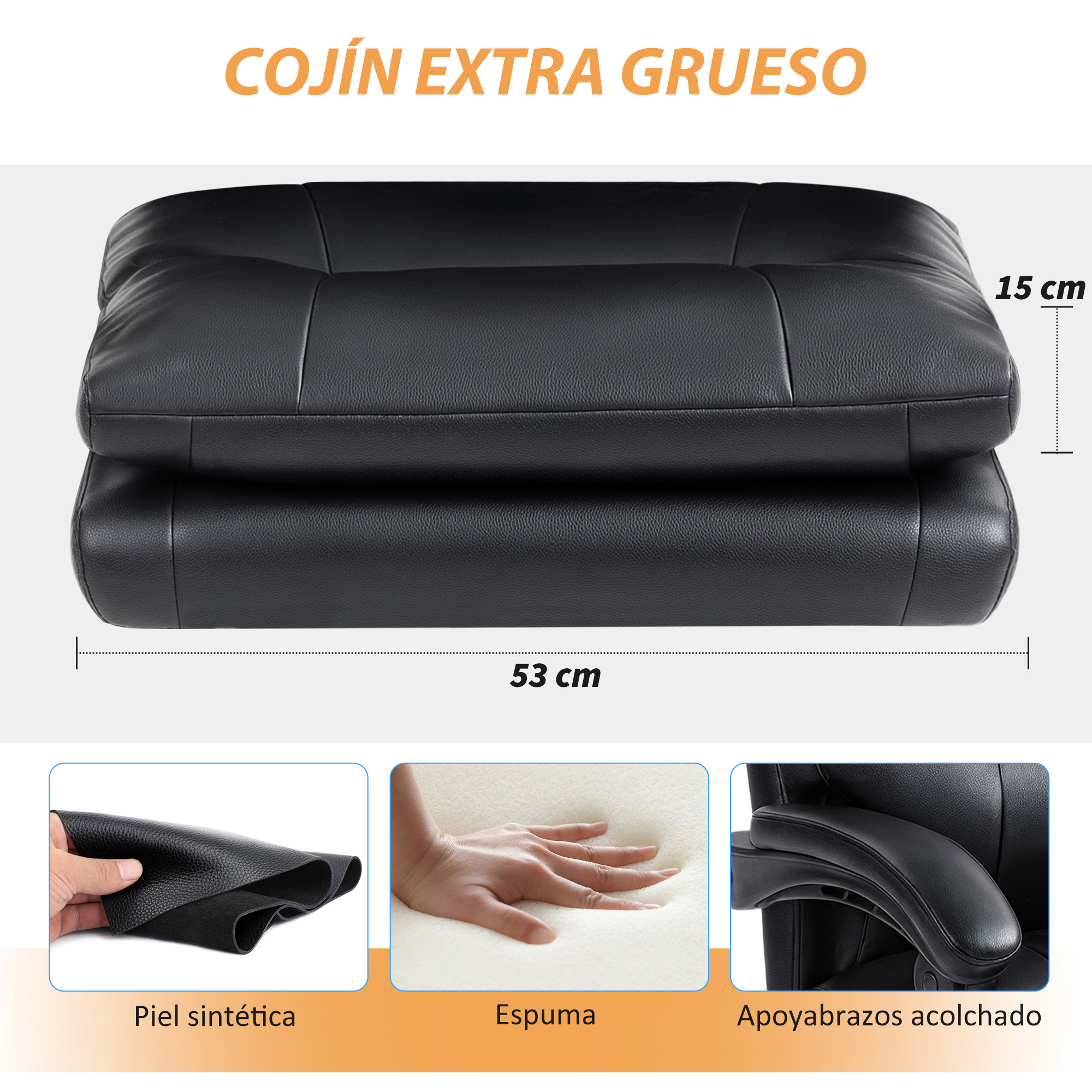 Cojín negro de piel sintética, 53cm ancho, 15cm grosor.