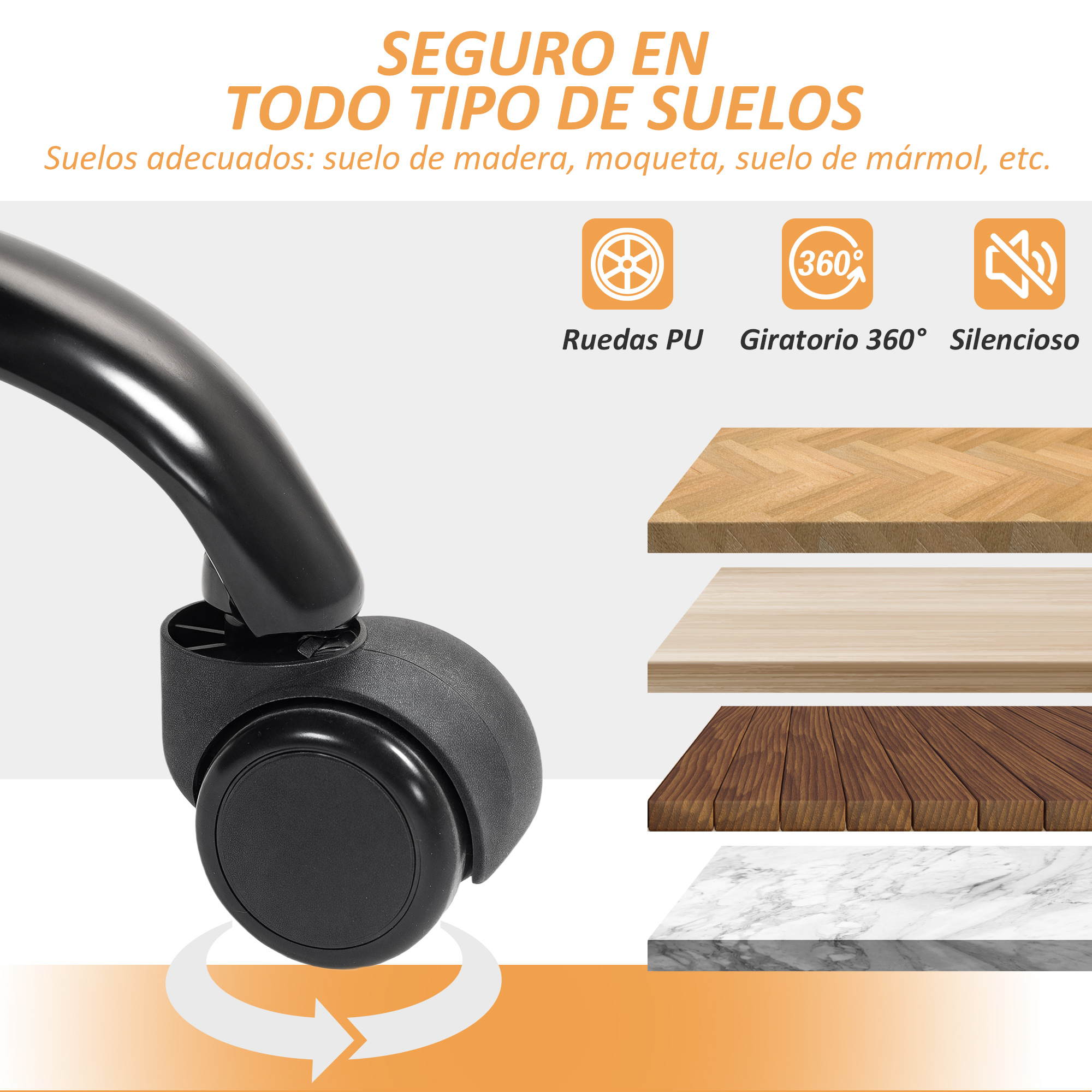 Rueda de silla de oficina con ruedas de PU, giratoria 360°, silenciosa, para todo suelo.