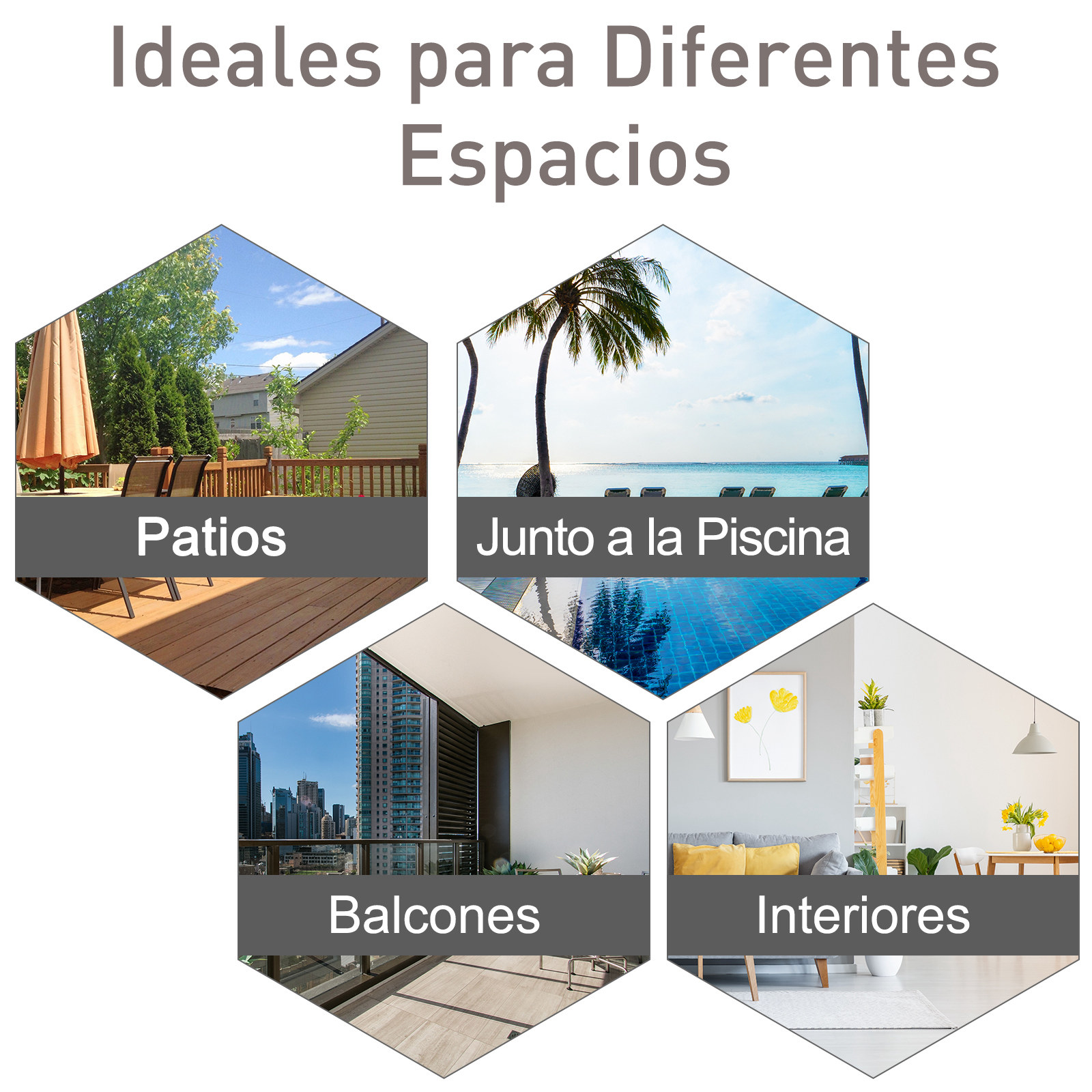Cuatro imágenes: patio, piscina, balcón e interior. Ideal para diferentes espacios.