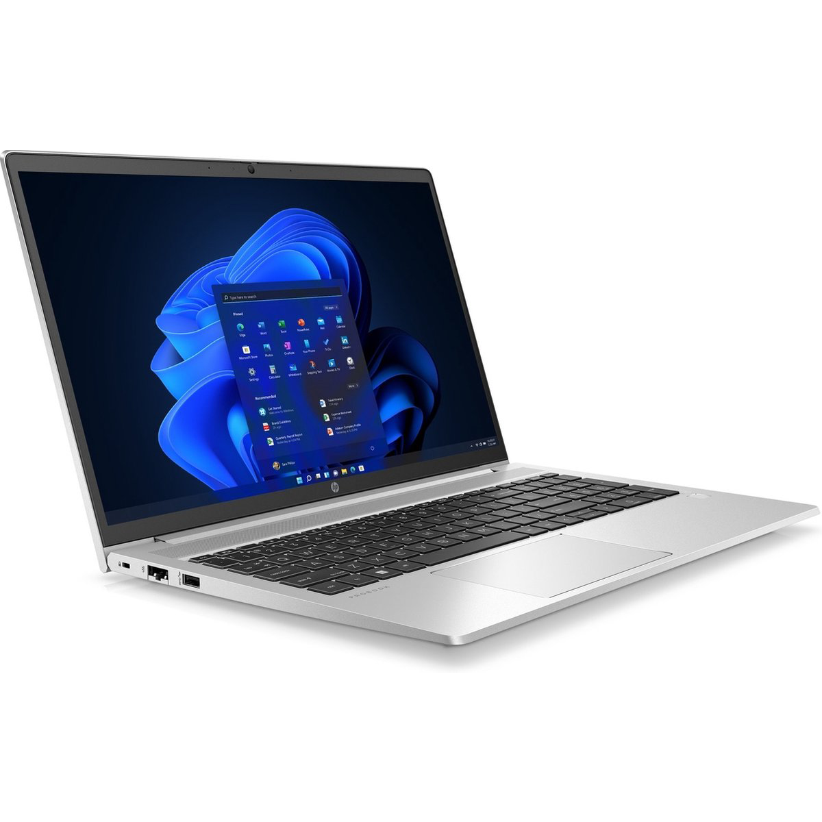 A silver laptop with a dark screen displaying the Windows Start menu.
