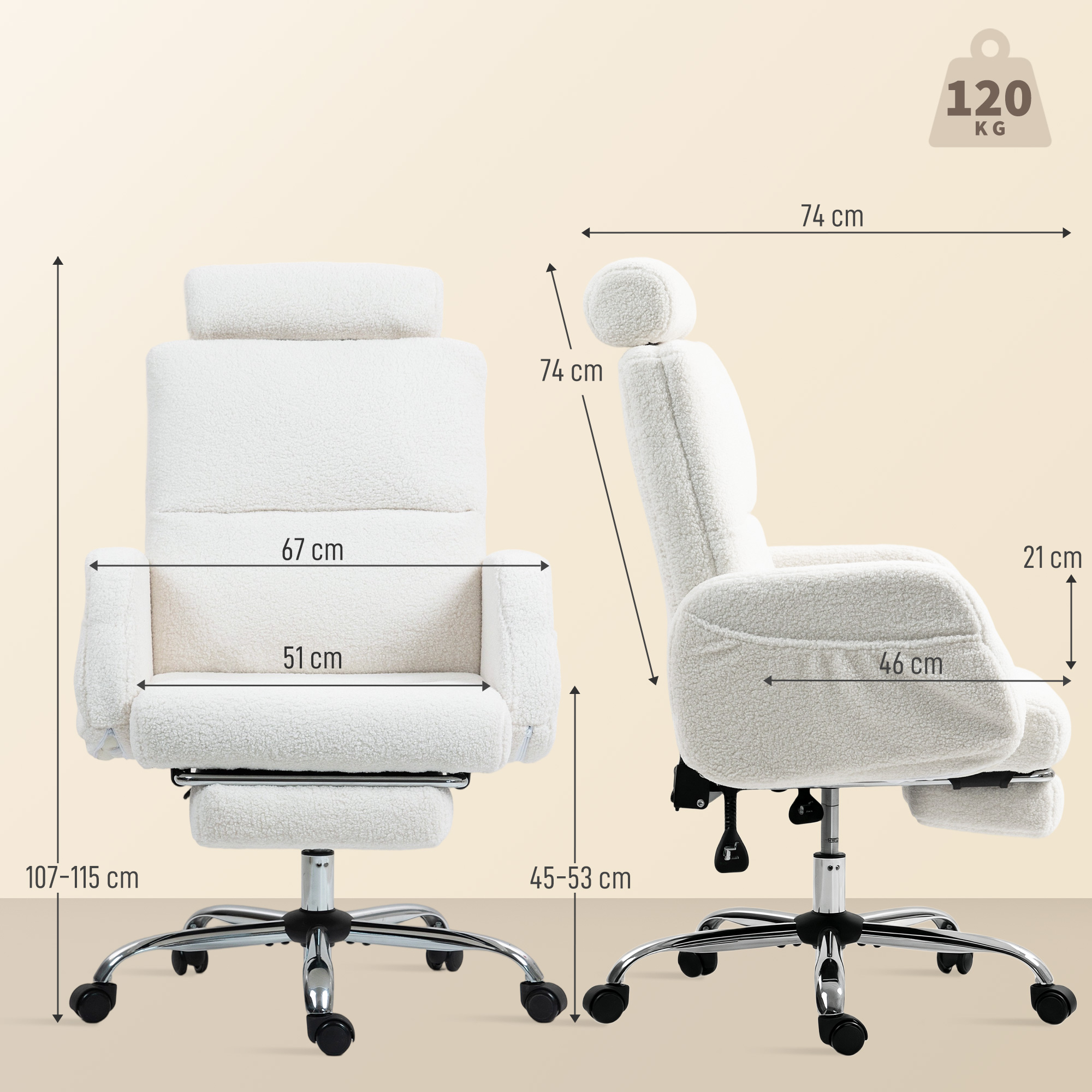 Una silla de oficina blanca de peluche con dimensiones y límite de peso de 120 kg.