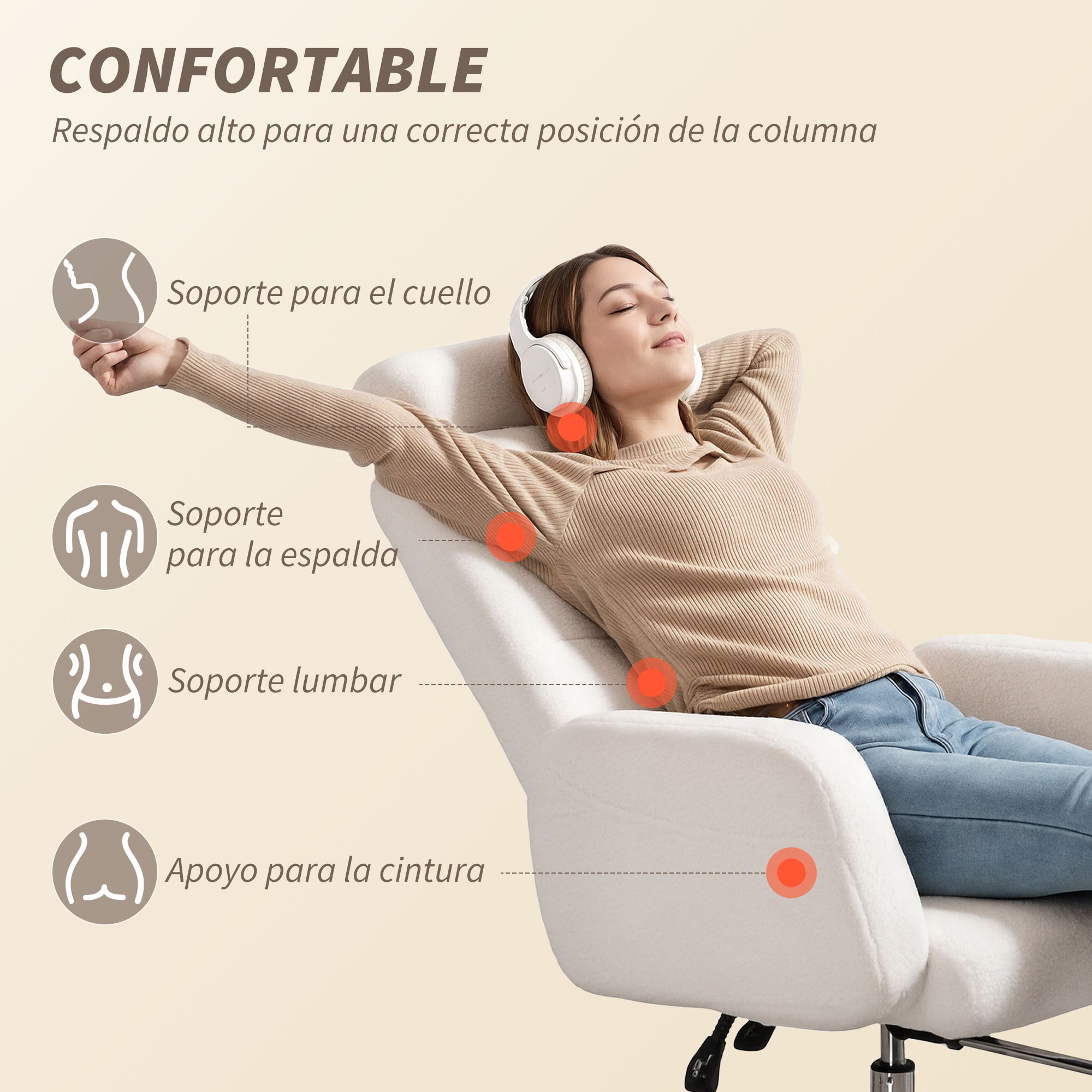 Una mujer con auriculares se reclina en un sillón con soporte postural resaltado.