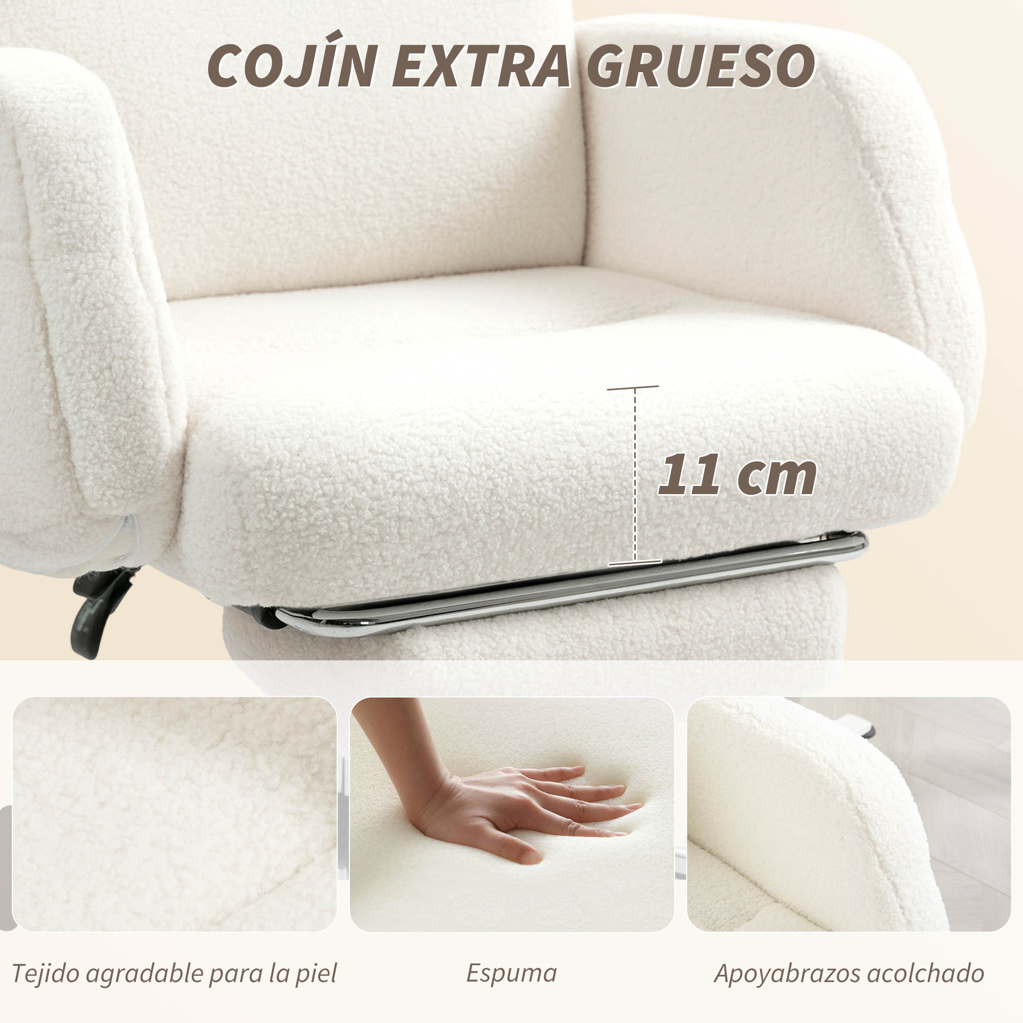 Una silla de oficina blanca de pelo de oso con cojín de 11 cm.