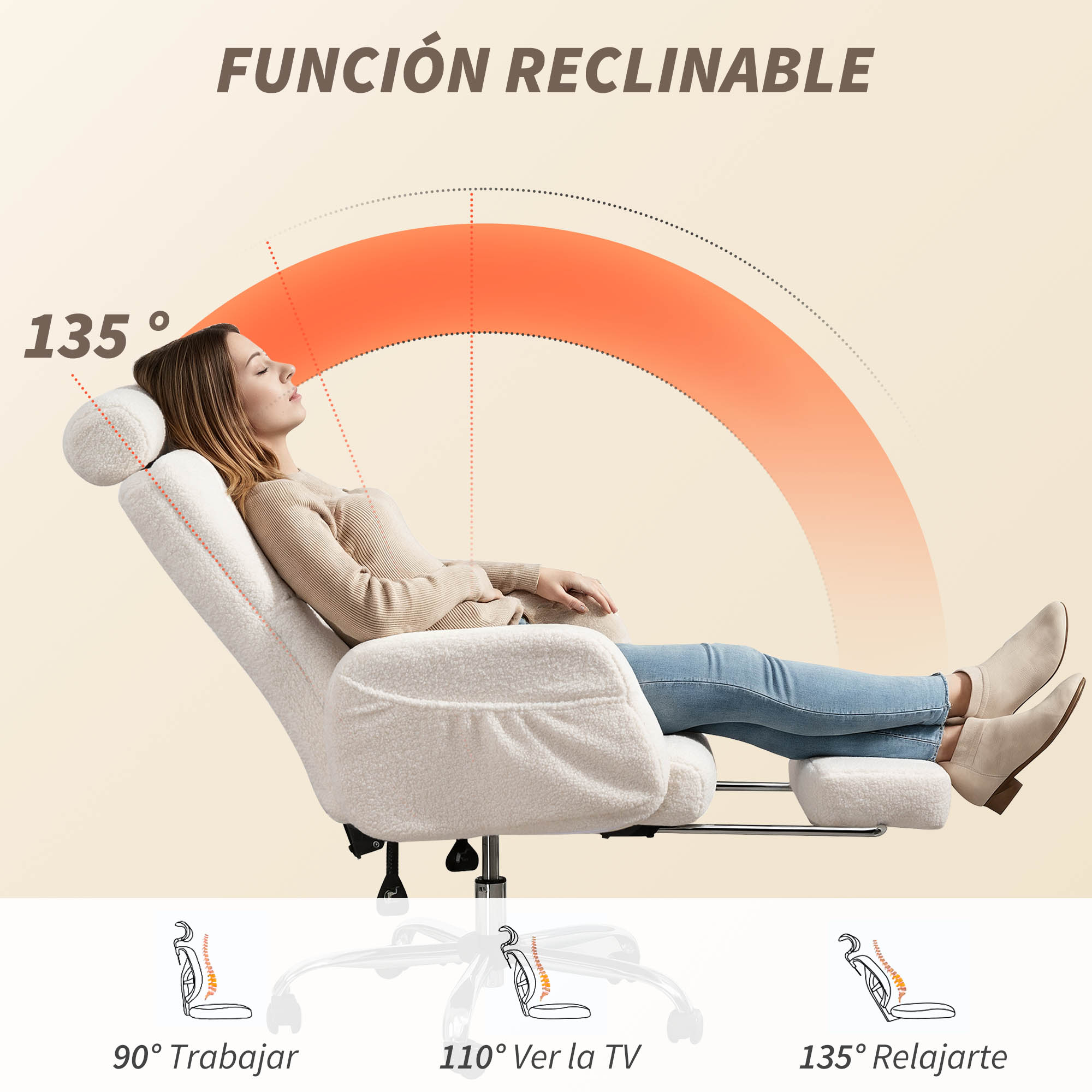 Mujer relajándose en sillón blanco, mostrando función reclinable de 135 grados.