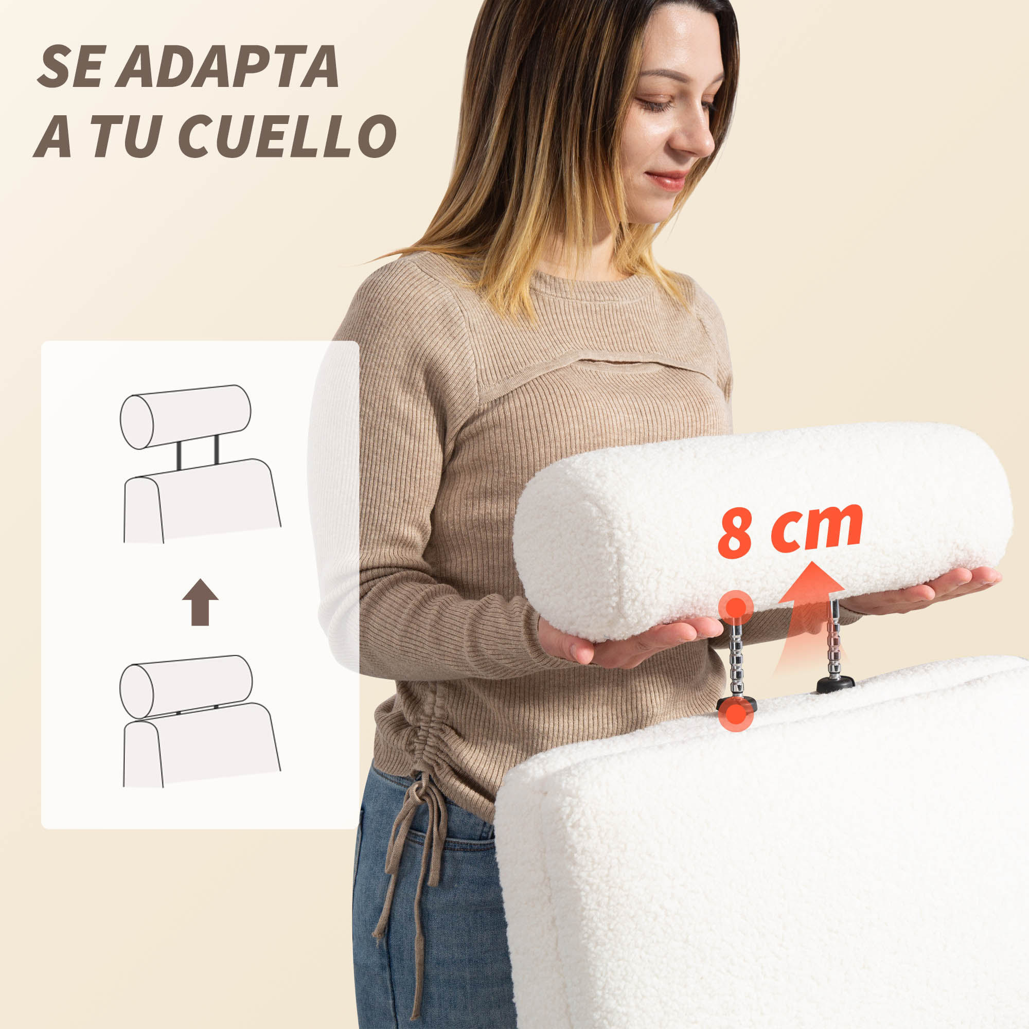 Mujer sosteniendo un cojín blanco de 8 cm. Un diagrama muestra el reposacabezas de un asiento.