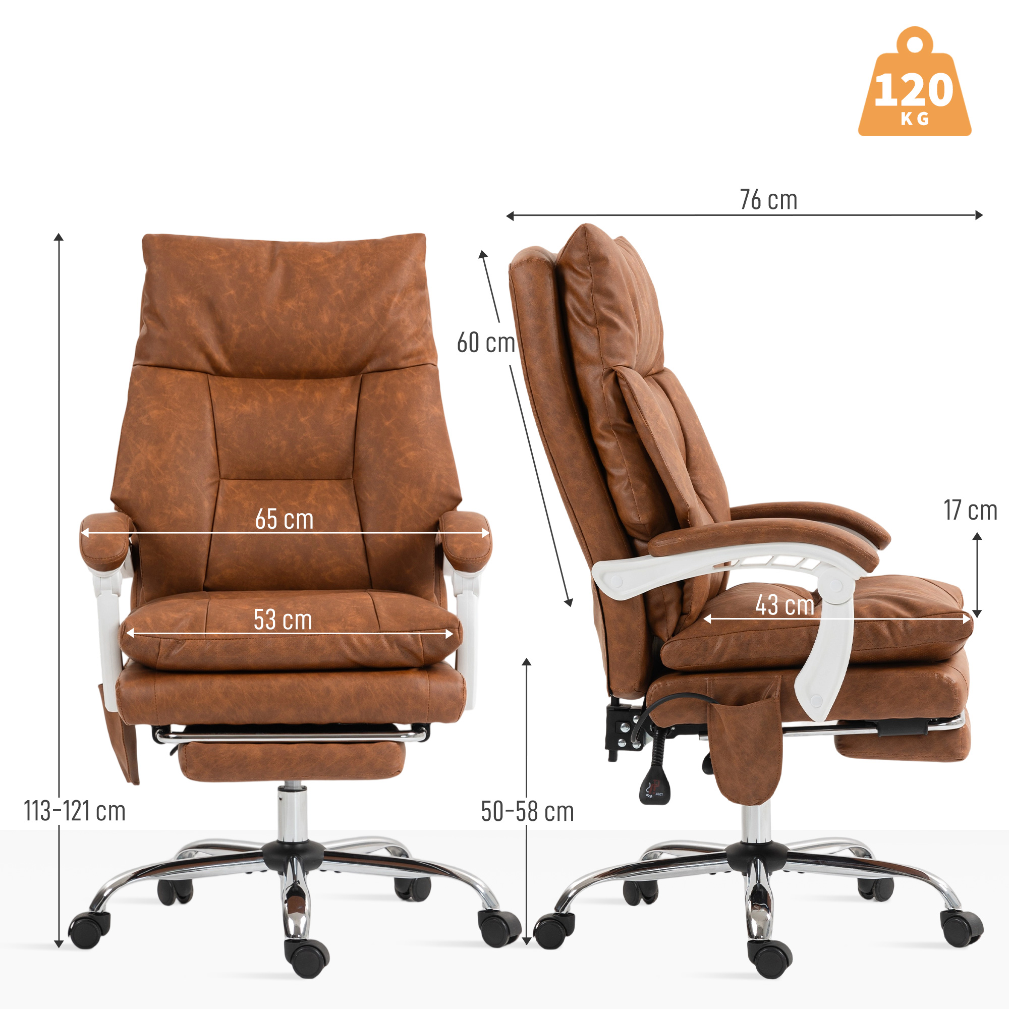 Silla de oficina marrón con dimensiones e indicador de 120 kg.