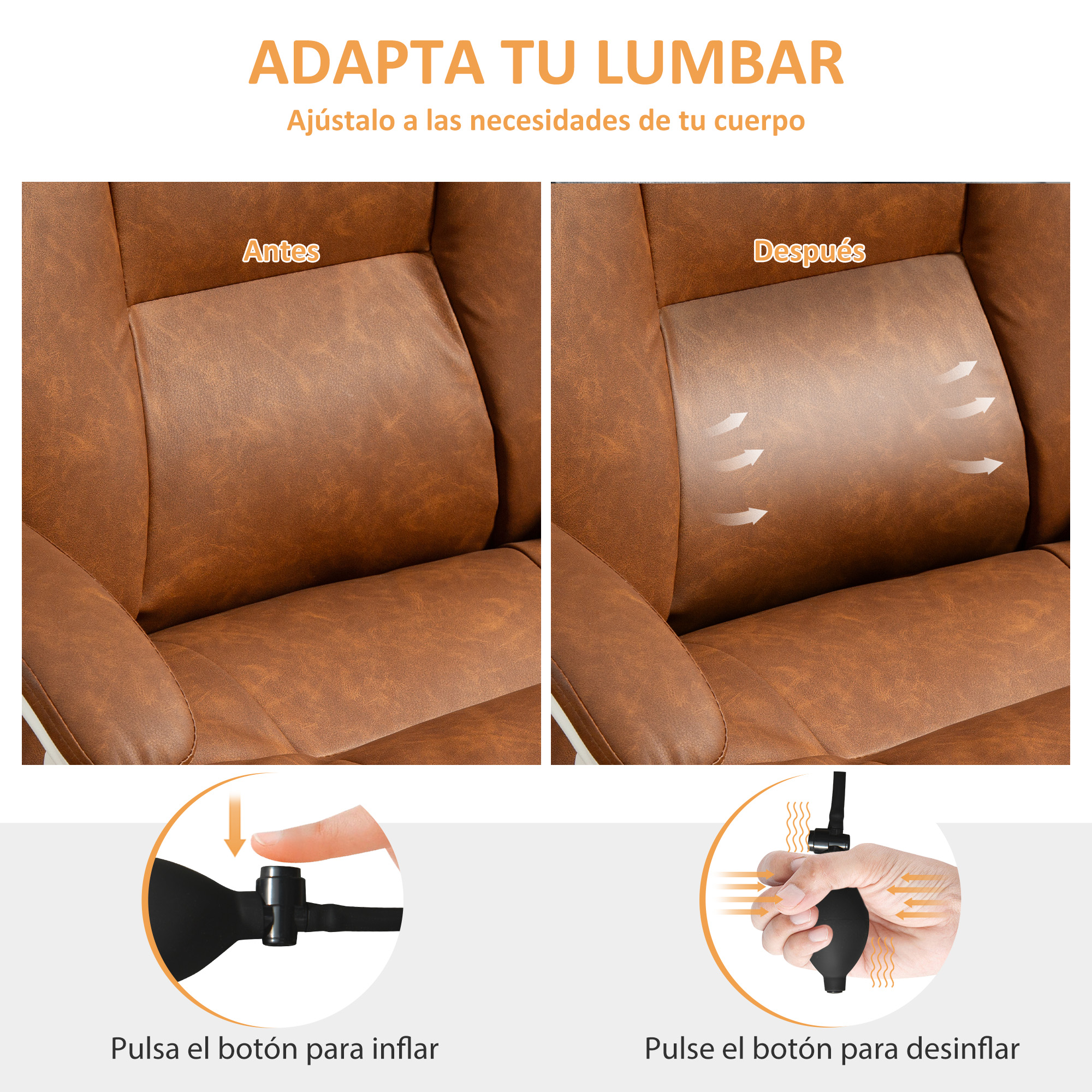 Imagen antes/después de una silla marrón con soporte lumbar e instrucciones.