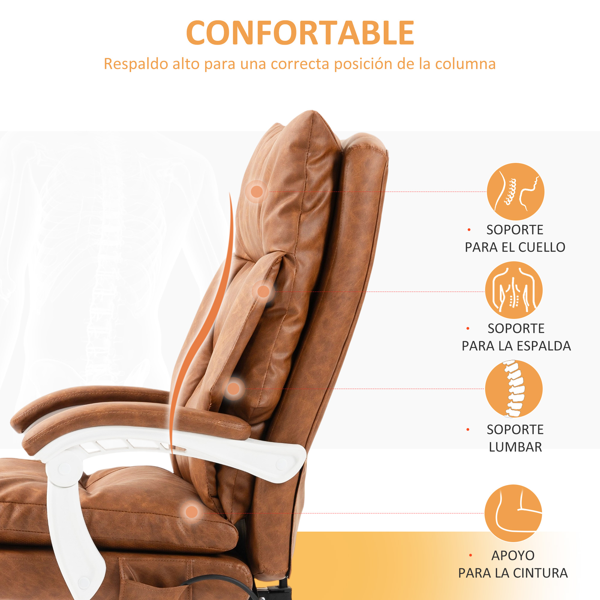 Sillón de cuero marrón con reposabrazos blancos, mostrando zonas de soporte.
